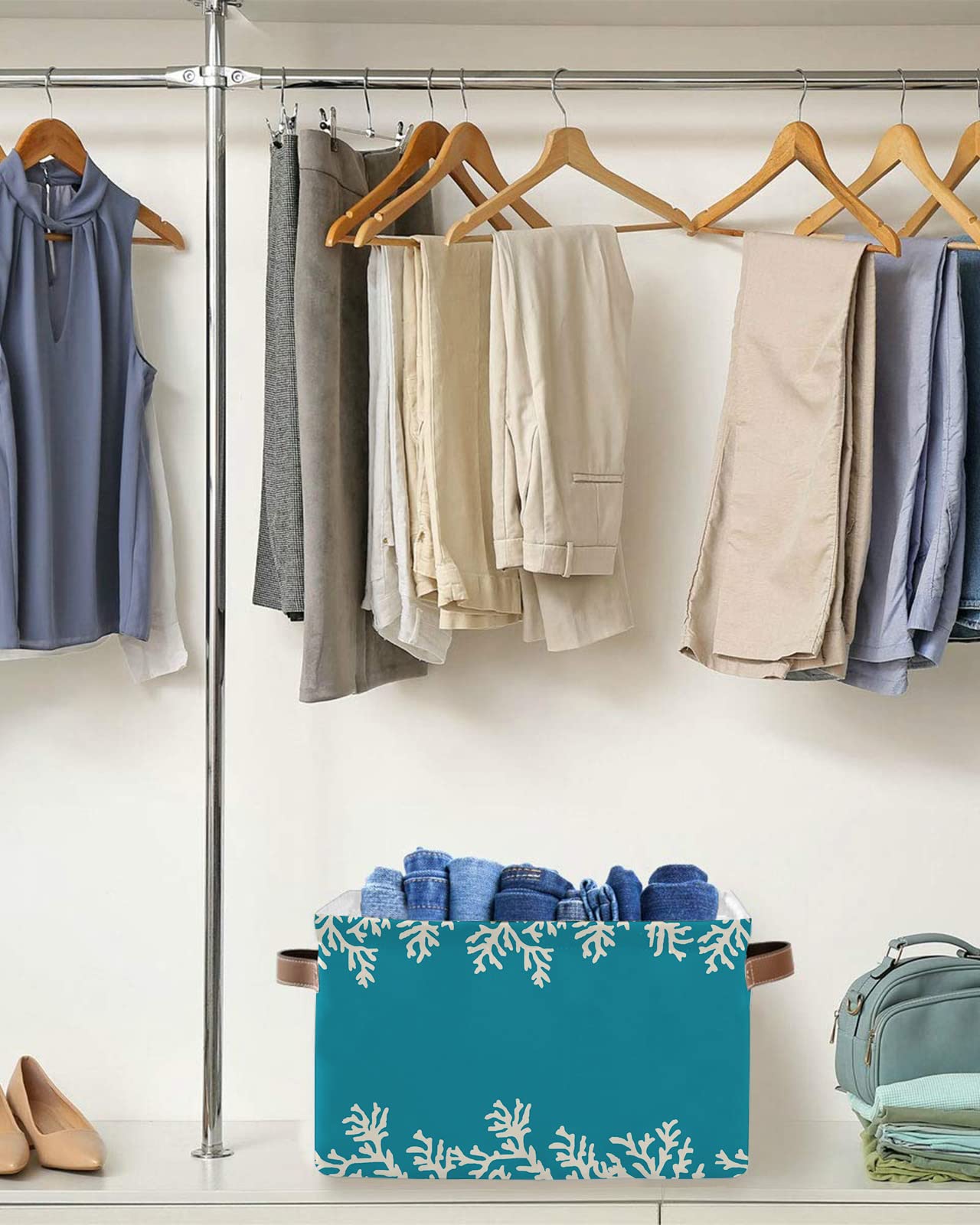 Coastal Themed Coral Teal Fabric Storage Baskets - 2 Pack, 15