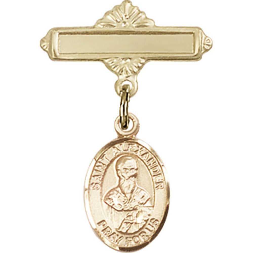 Gold Filled Baby Badge with St. Alexander Sauli Charm - 1 X 5/8 Inches Polished Pin for Christening, Baptism & First Communion Gifts - Religious Jewelry for Newborns & Infants