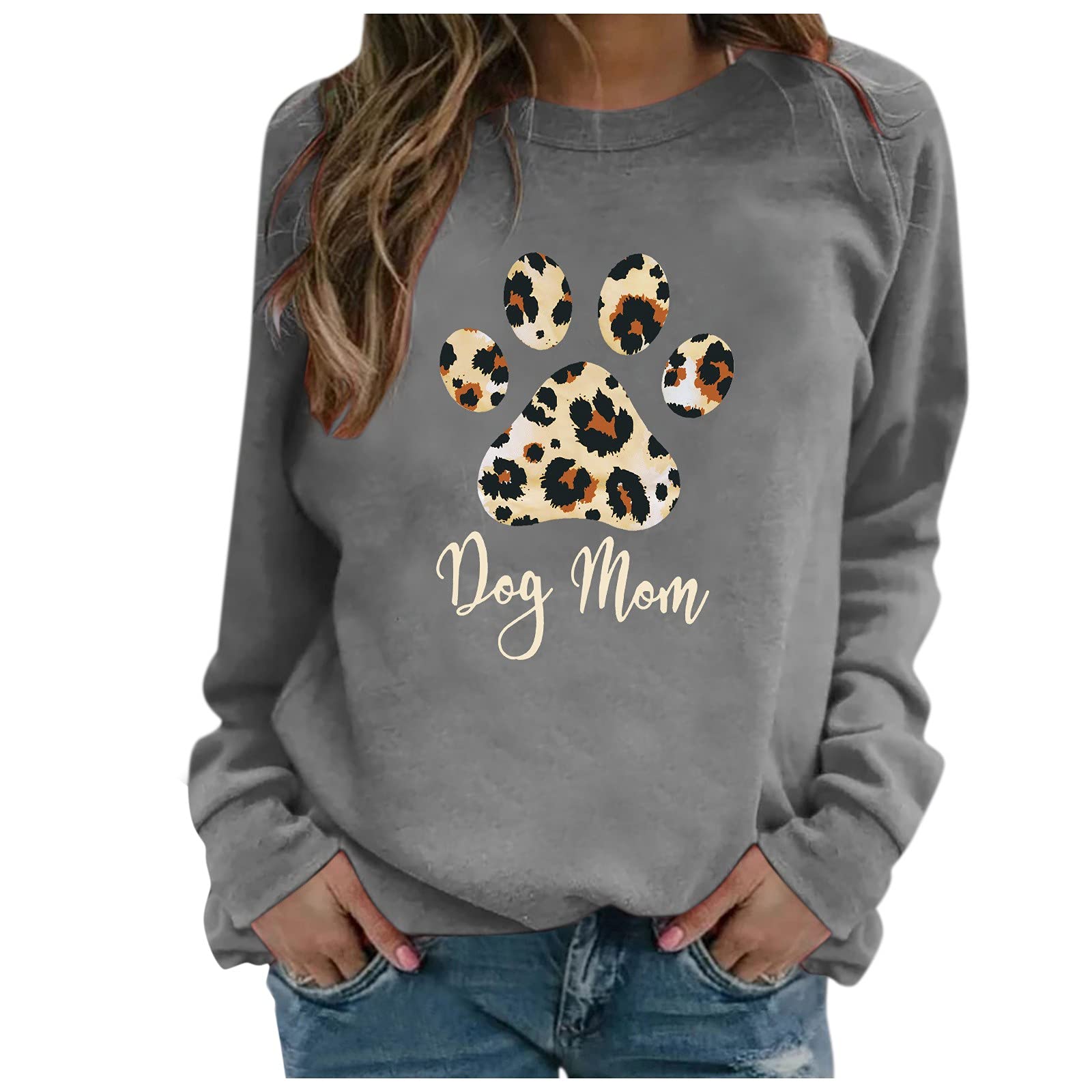 Women's Plus Size Dog Mom Print Sweatshirt - Long Sleeve Round Neck Pullover for Casual Wear | Perfect for Autumn Outings, Dog Lovers Gift & Cozy Fall Fashion