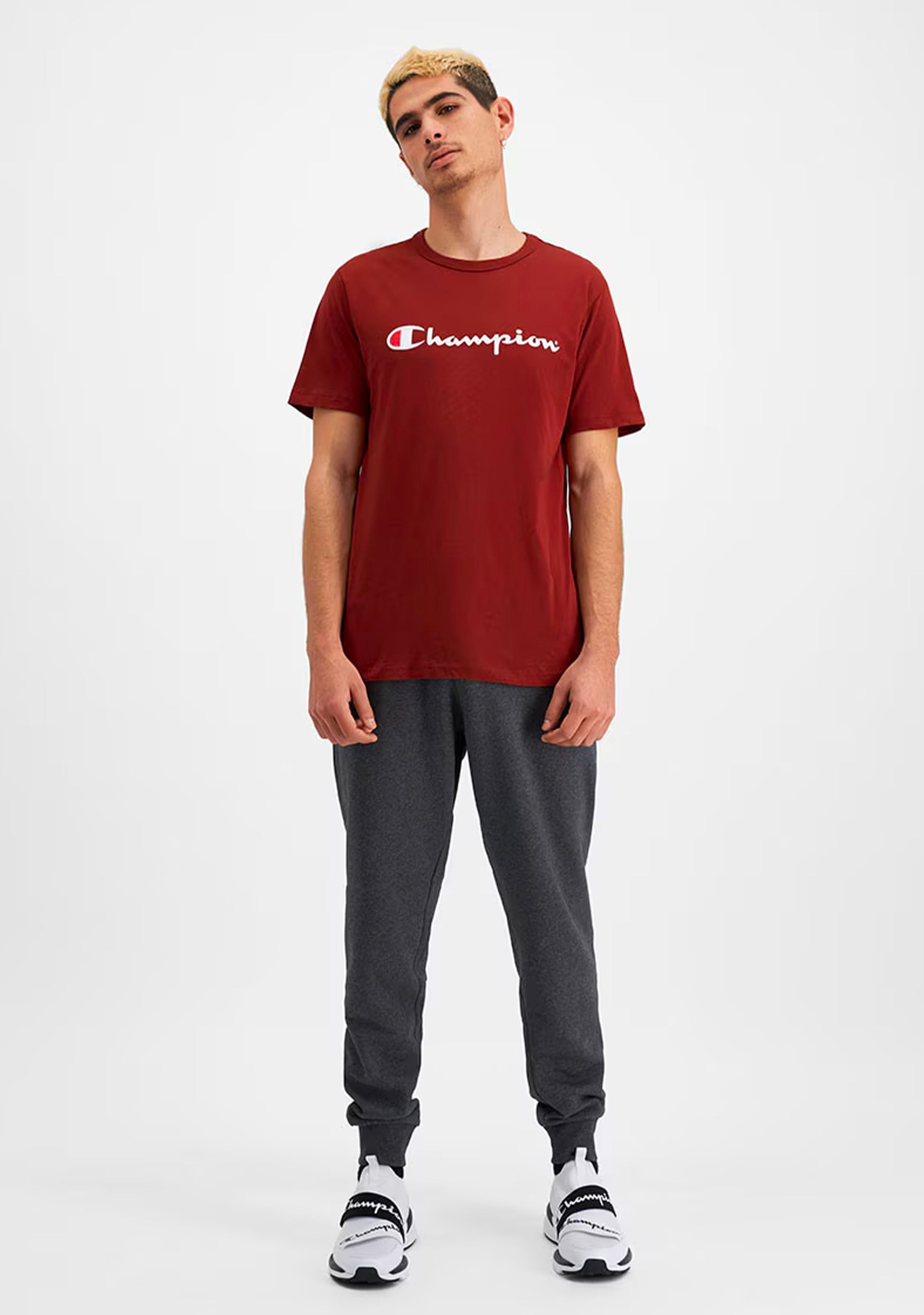 Champion Men's Script Logo Short Sleeve T-Shirt - Soft Cotton Crewneck Tee for Casual Wear & Gym (Red/Brown) | Perfect for Everyday Outfits, Workouts & Street Style