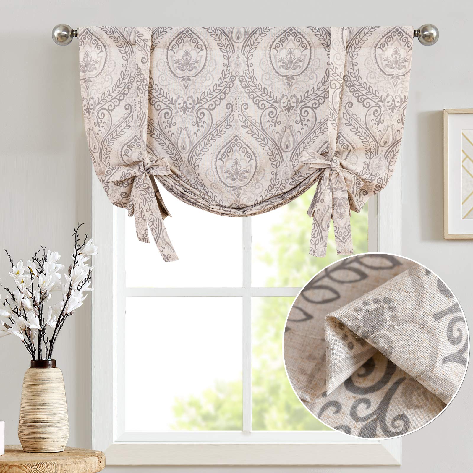 Jinchan 45 Inch Faux Linen Window Valance - Farmhouse Style Tie-Up Curtain Panel with Rod Pocket, Light Blocking for Living Room & Bathroom - Ivory Rustic Country Decor for Small Windows | Perfect for Cozy Home, Bedroom, and Kitchen