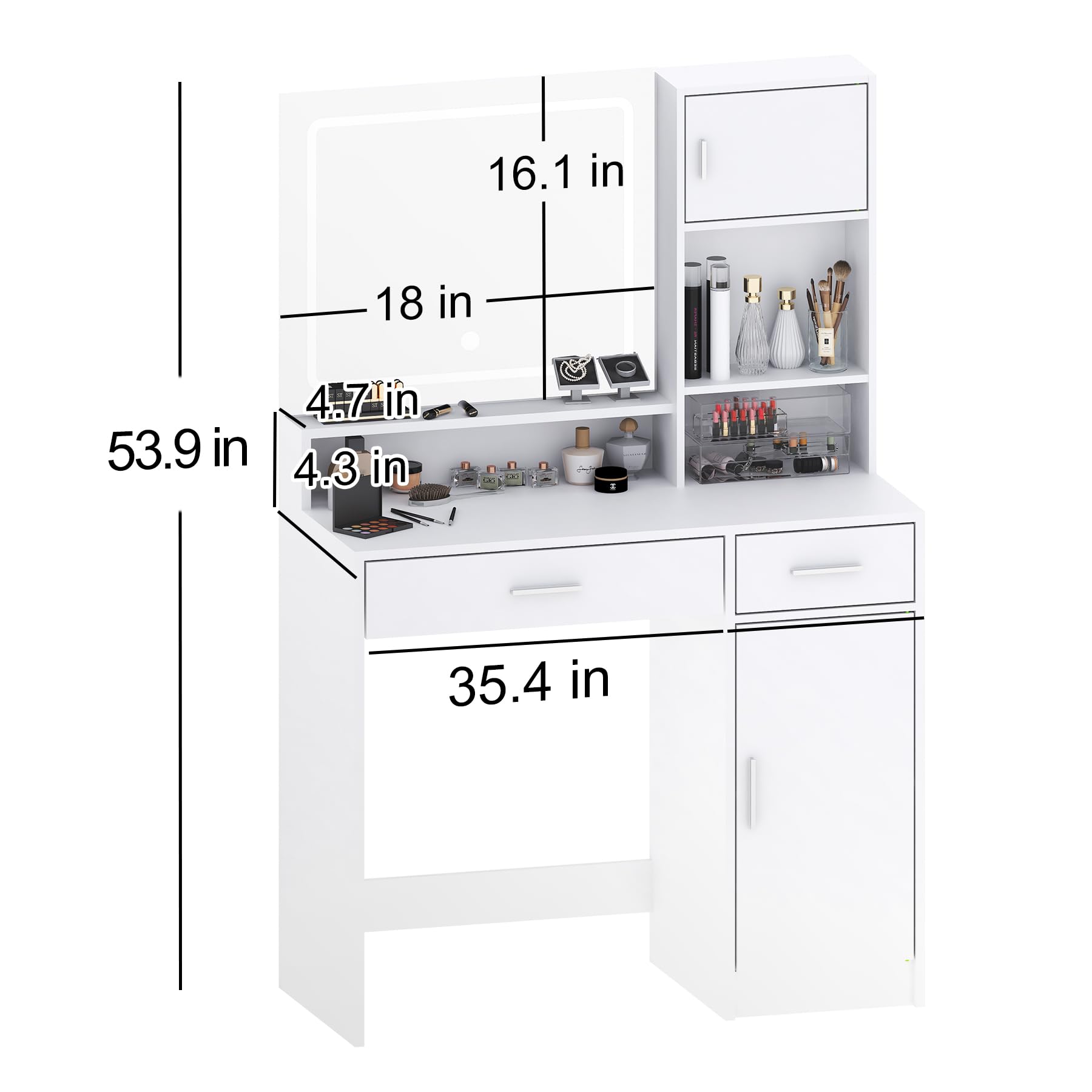 Vanity Desk with Mirror & LED Lights - Adjustable Brightness 3 Lighting Modes, Large Drawer & 3-Tier Storage Dresser for Bedroom Makeup & Dressing Area | Perfect for Home Beauty Station, Cosmetics Organization & Vanity Setup