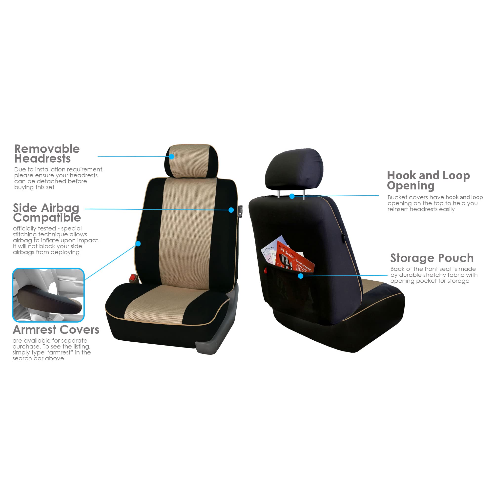 Premium FH Group Universal Car Seat Covers - Full Set Beige Cloth with Edgy Piping | Airbag Compatible & Split Rear Design | Fits Most Cars, Trucks & SUVs | Perfect for Daily Commute, Road Trips & Interior Protection
