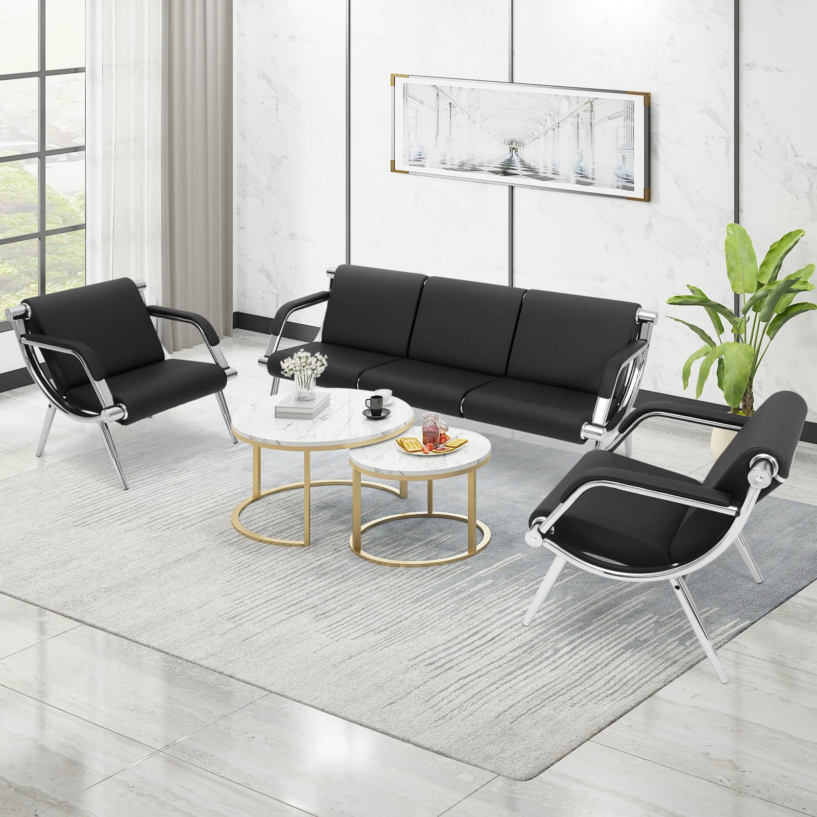 Premium PU Leather Waiting Room Chairs with Armrests - Modern Lobby, Conference & Reception Seating for Office, Clinic, Airport, Hospital, Salon & Bank (Set of 2, Black) - Perfect for Professional Spaces & High-Traffic Areas
