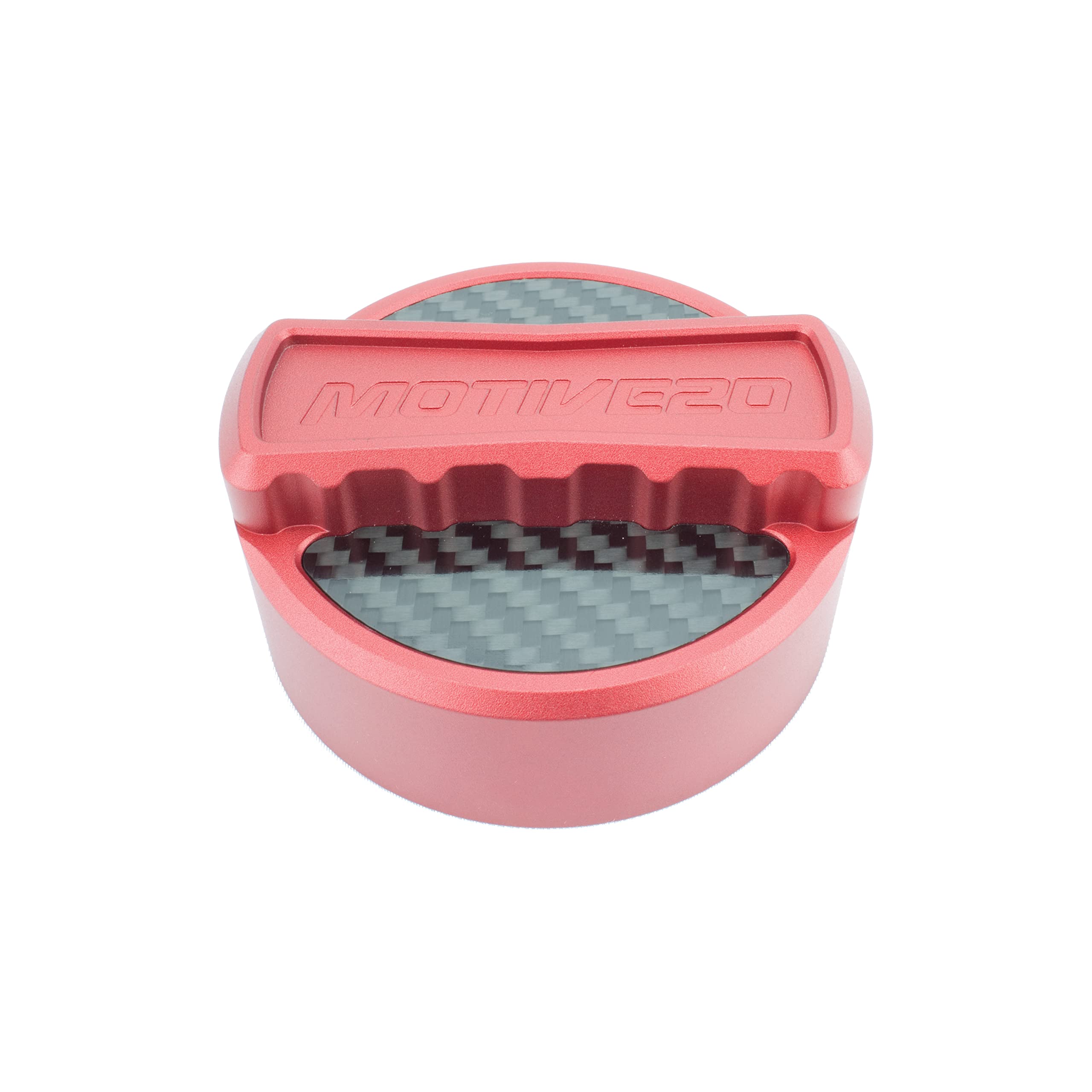 Motive Twenty™ Billet Aluminum Oil Cap Cover for BMW M Series - Carbon Fiber & Maverick Red Design - High Performance Engine Accessory - Perfect for Car Enthusiasts and Auto Shows