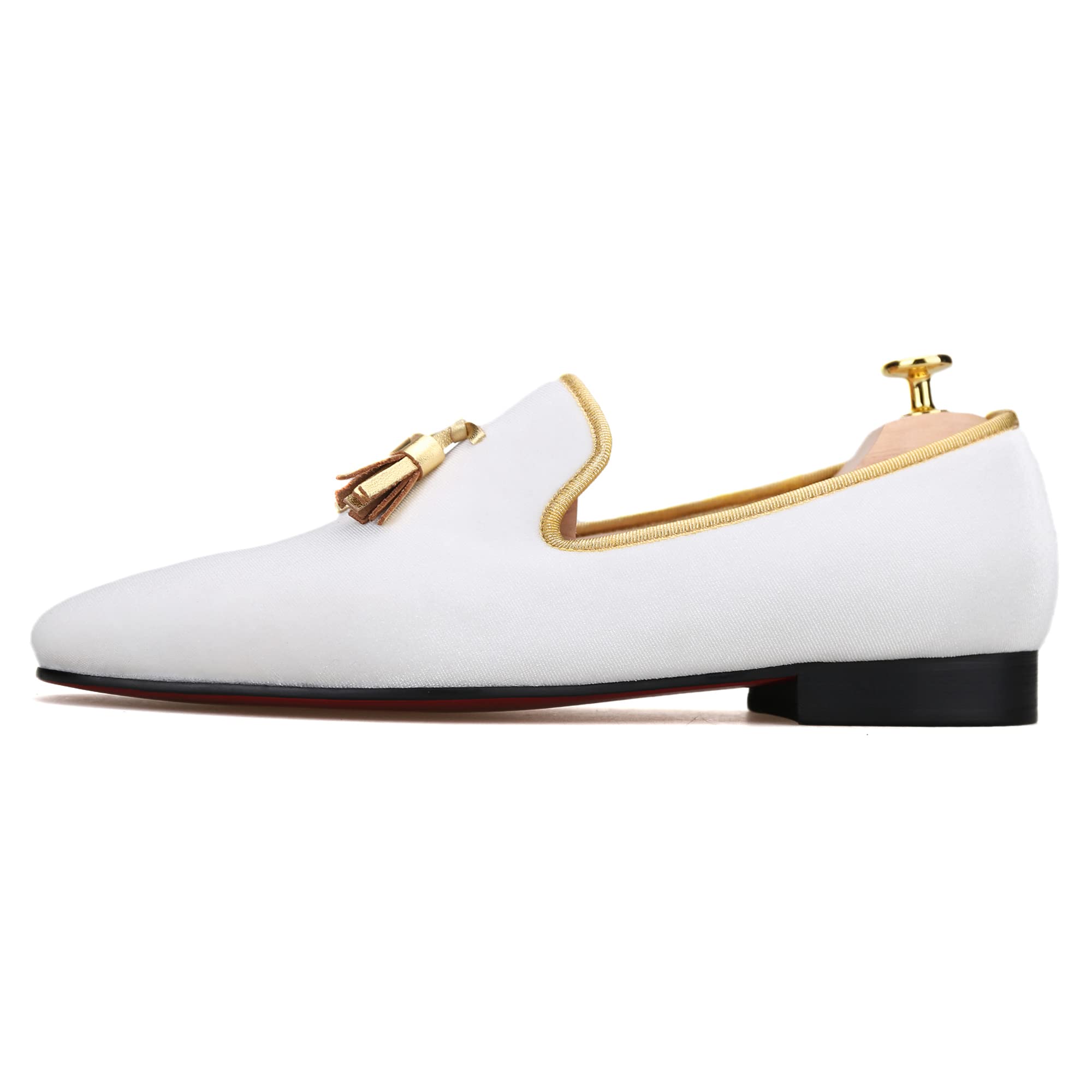 FERUCCI Men's White Velvet Loafers with Gold Tassel - Square Toe Formal Slippers for Wedding, Prom & Special Occasions - Comfortable Dress Shoes for Evening Events & Parties