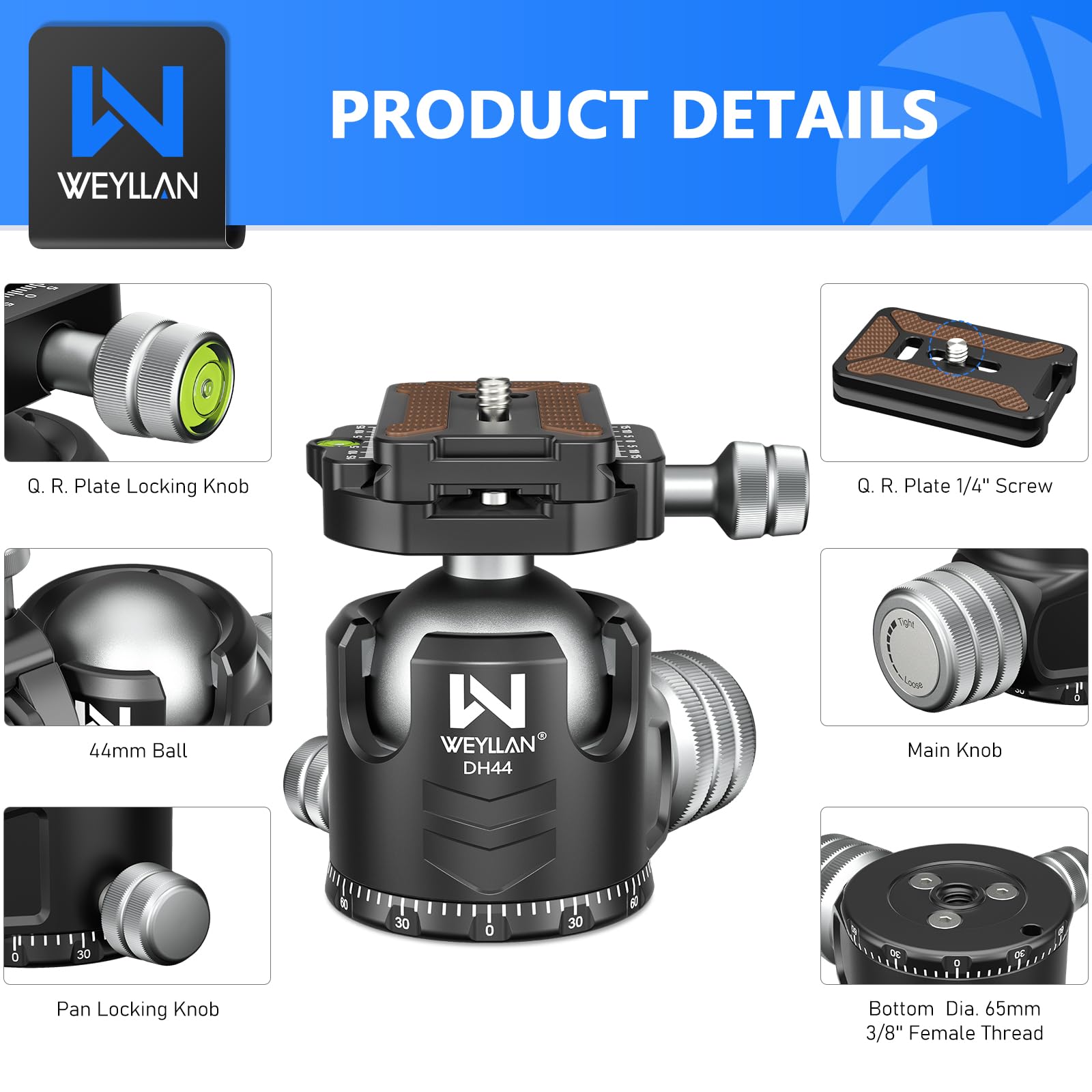 WEYLLAN DH44 44mm Low Profile Ball Head - 360° Metal Panoramic Tripod Head with 2 Quick Release Plates, Arca Compatible for DSLR Camera, Max Load 55lbs/25kg - Perfect for Landscape, Portrait & Travel Photography