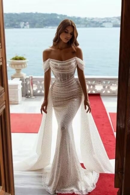 Elegant Off Shoulder Long Mermaid Wedding Dress with Sparkly Sequins - Romantic Beach & Church Ceremony Gown for Women (DR0001-13)
