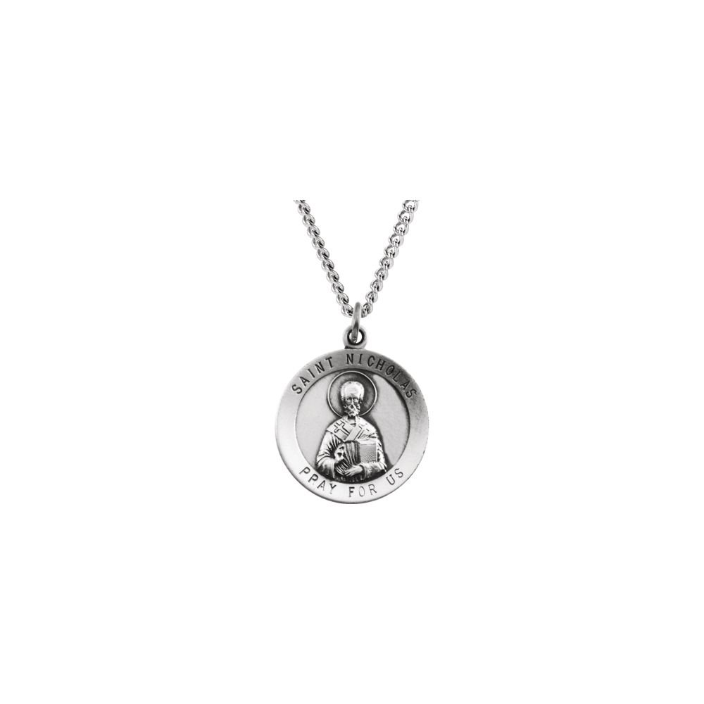 Sterling Silver St. Nicholas Medal Necklace - 18.25mm Religious Pendant with 18