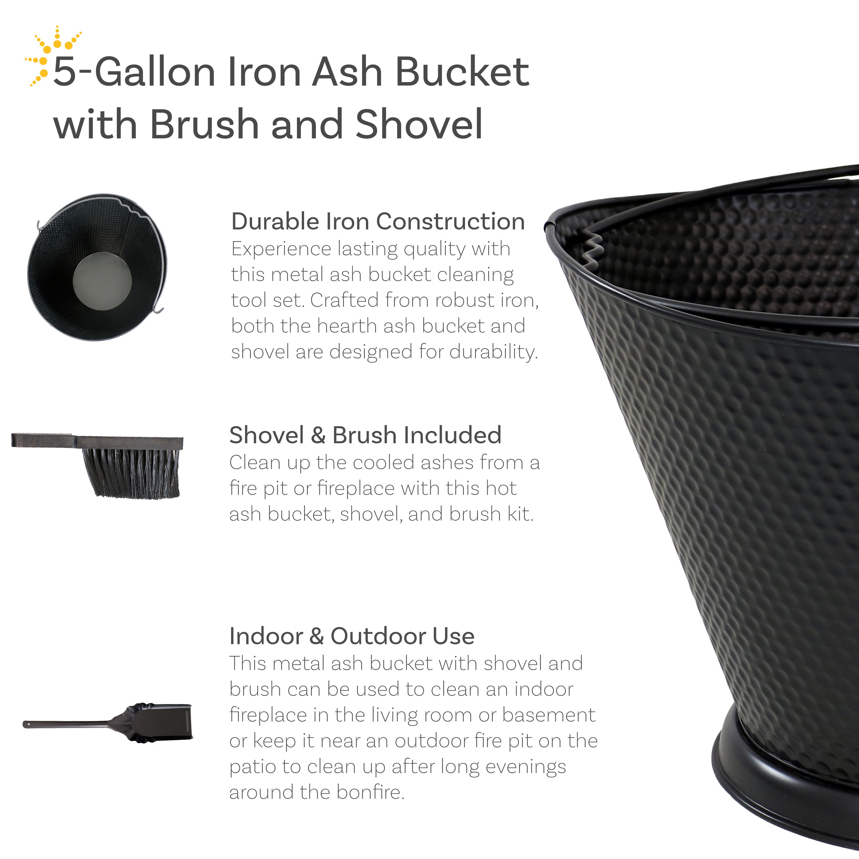 Sunnydaze 5 Gallon Fireplace Ash Bucket with Shovel and Brush - Heavy Duty Metal Ash Can for Wood Stove, Fire Pit & Camping - Black Outdoor Fireplace Accessories