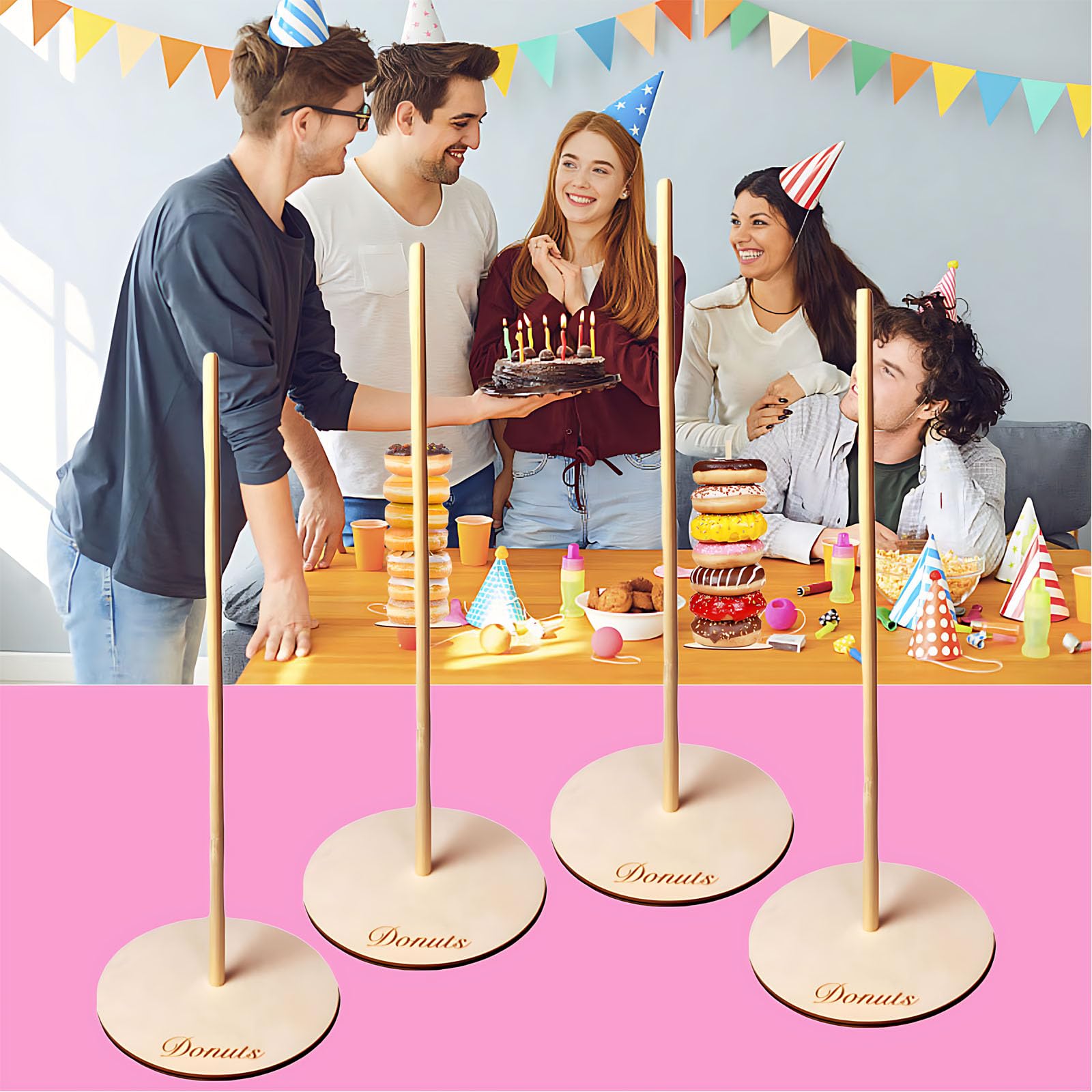 4-Pack Wooden Donut Stand Set - Elegant Donut Holder & Tower Display for Dessert Tables, Weddings, Birthdays, Baby Showers, Class Reunions & Party Decor - Perfect for Bakery Displays, Coffee Shop Countertops & Home Kitchen Organization