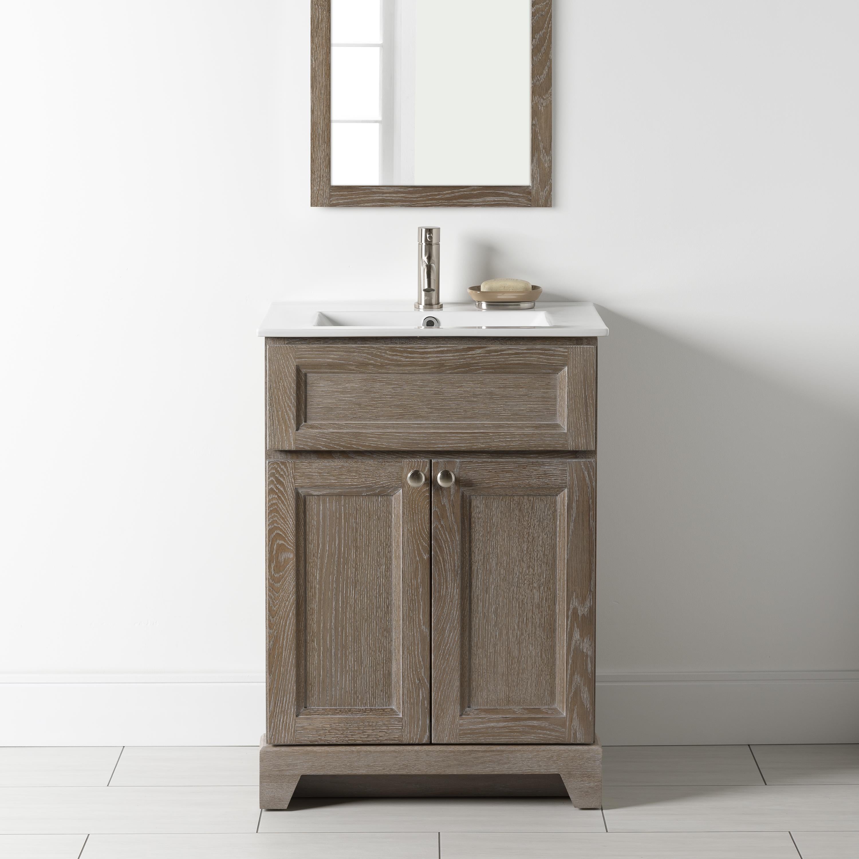 Stonewood 24 x 18 Inch Bathroom Vanity with Porcelain Top - Modern Sink Cabinet for Small Bathrooms & Powder Rooms