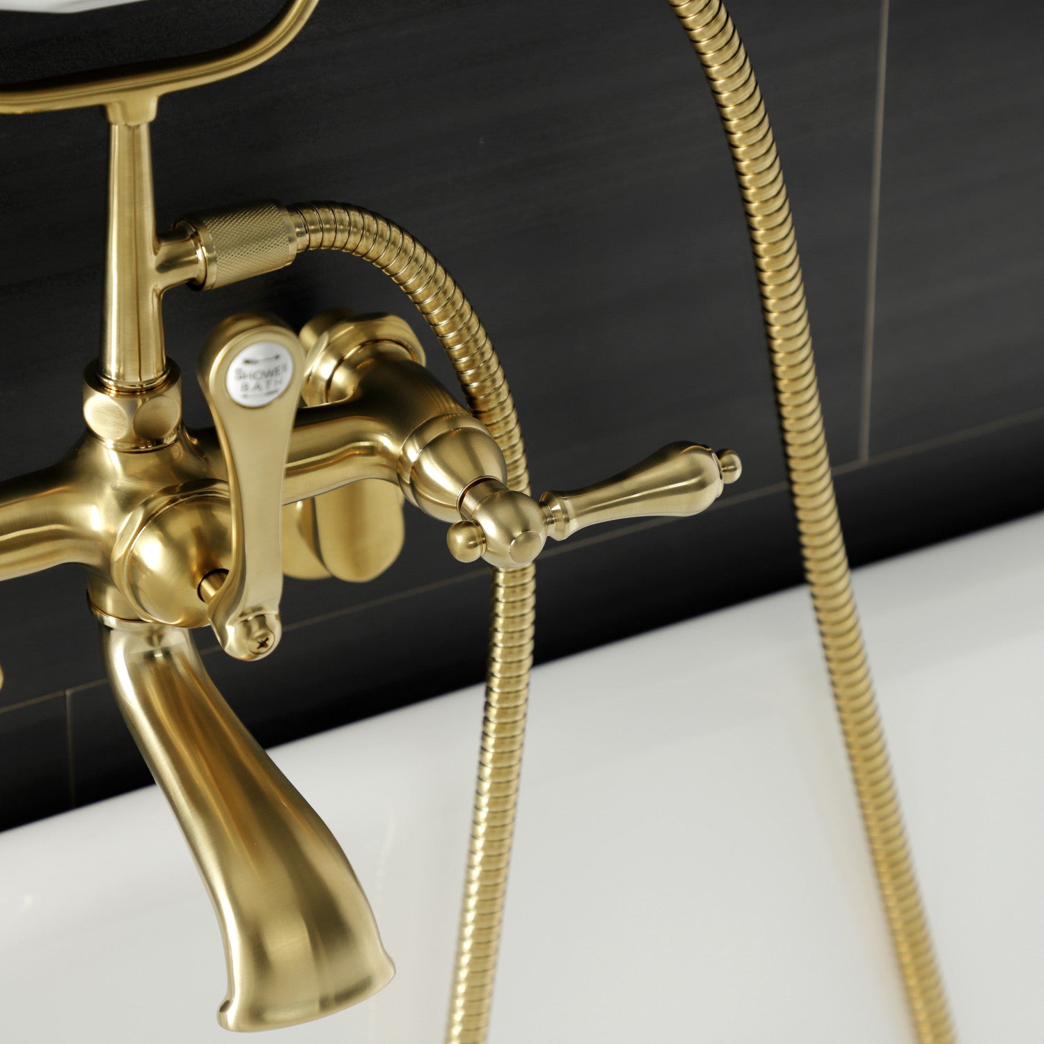 Vintage AE51T7 3-Handle Wall Mount Clawfoot Bathtub Faucet with Hand Shower in Brushed Brass - Perfect for Classic Bathroom Renovations and Luxury Spa Retreats