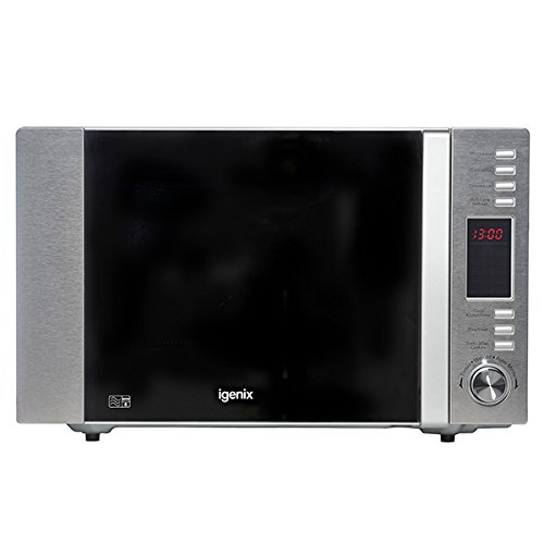 Igenix IG3091 30L Stainless Steel Digital Microwave Oven with Grill & Convection - 900W, 5 Power Levels, 10 Auto Menus, 95-Min Timer | Perfect for Baking, Grilling & Quick Meals in Small Kitchens