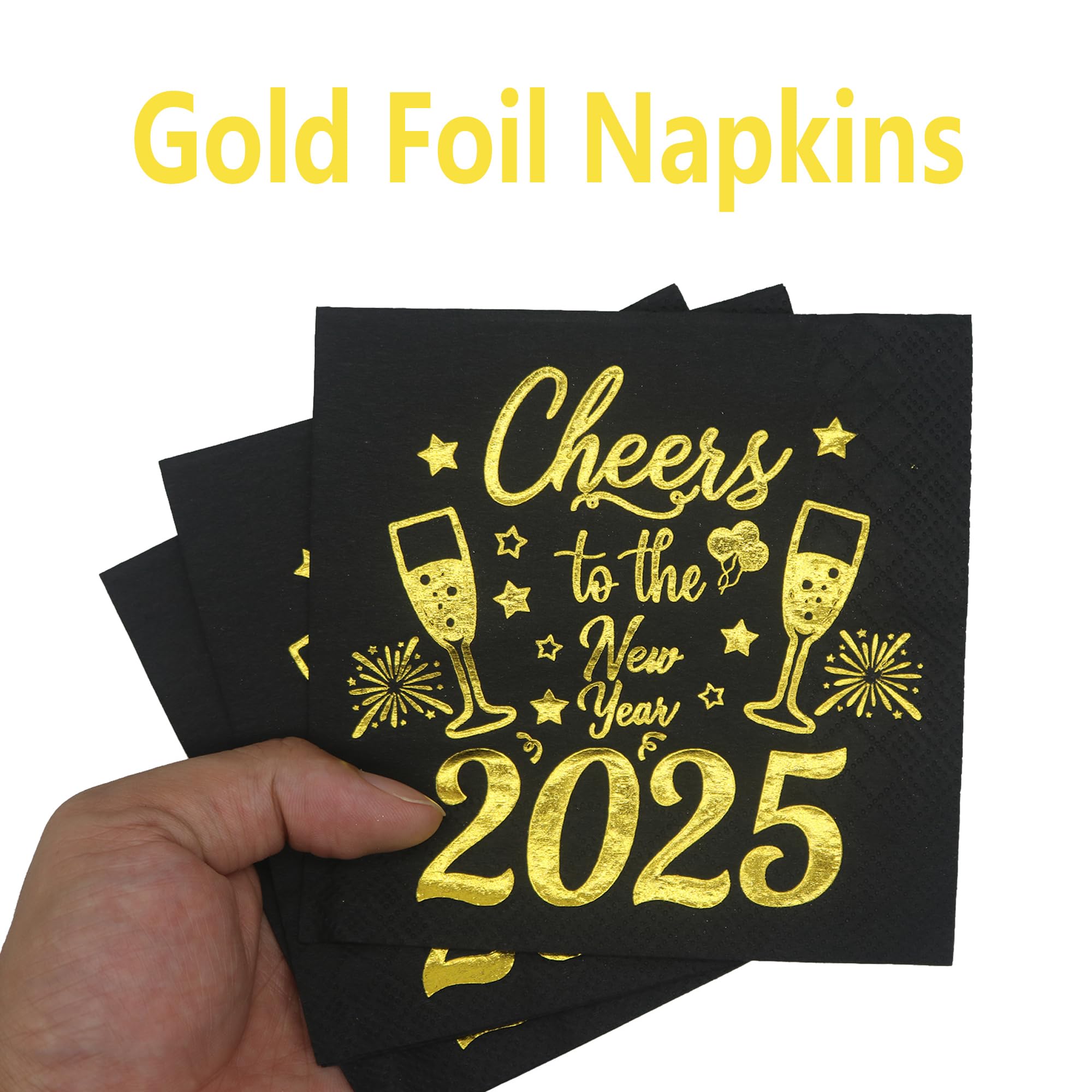 2025 New Year's Eve Party Napkins - Gold Foil Cheers Design, 5x5 Inch, 50-Pack - Perfect for NYE Celebrations, Countdown Parties & Holiday Decorations