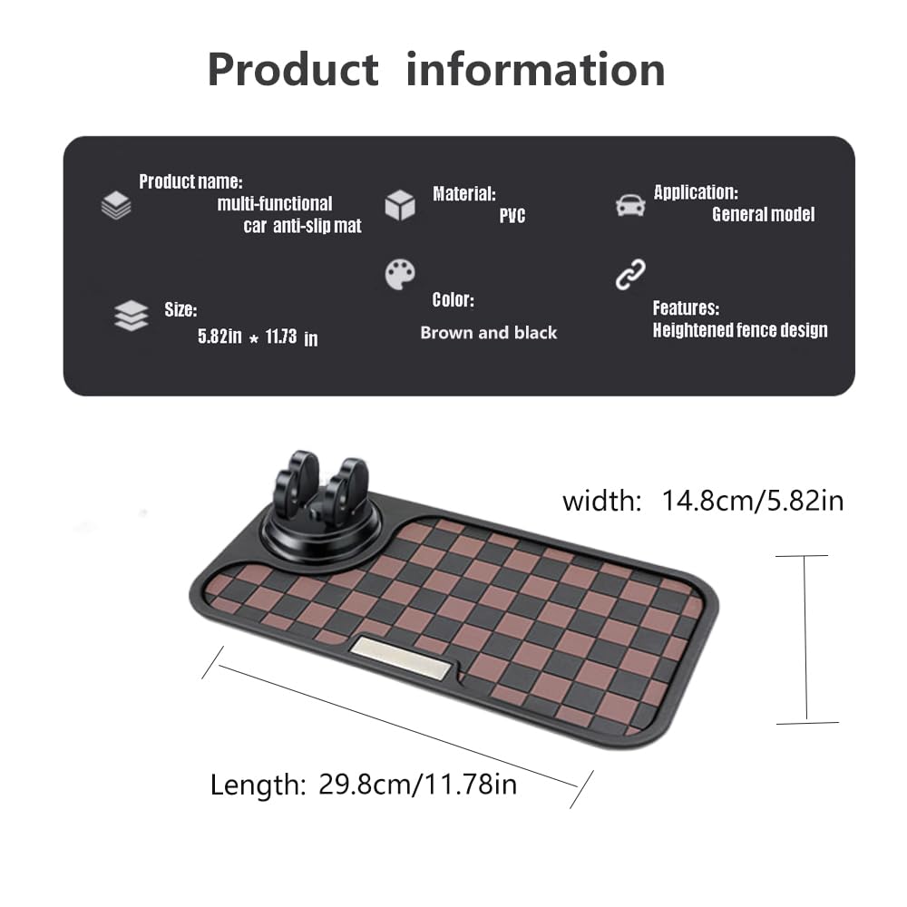 360° Rotating Anti-Slip Car Phone Holder & Dashboard Mat - Universal Phone Mount for iPhone Samsung Galaxy - Non-Slip Sticky Pad for Smartphones, Sunglasses, Keys (Black/Brown) - Perfect for Road Trips & Daily Commutes