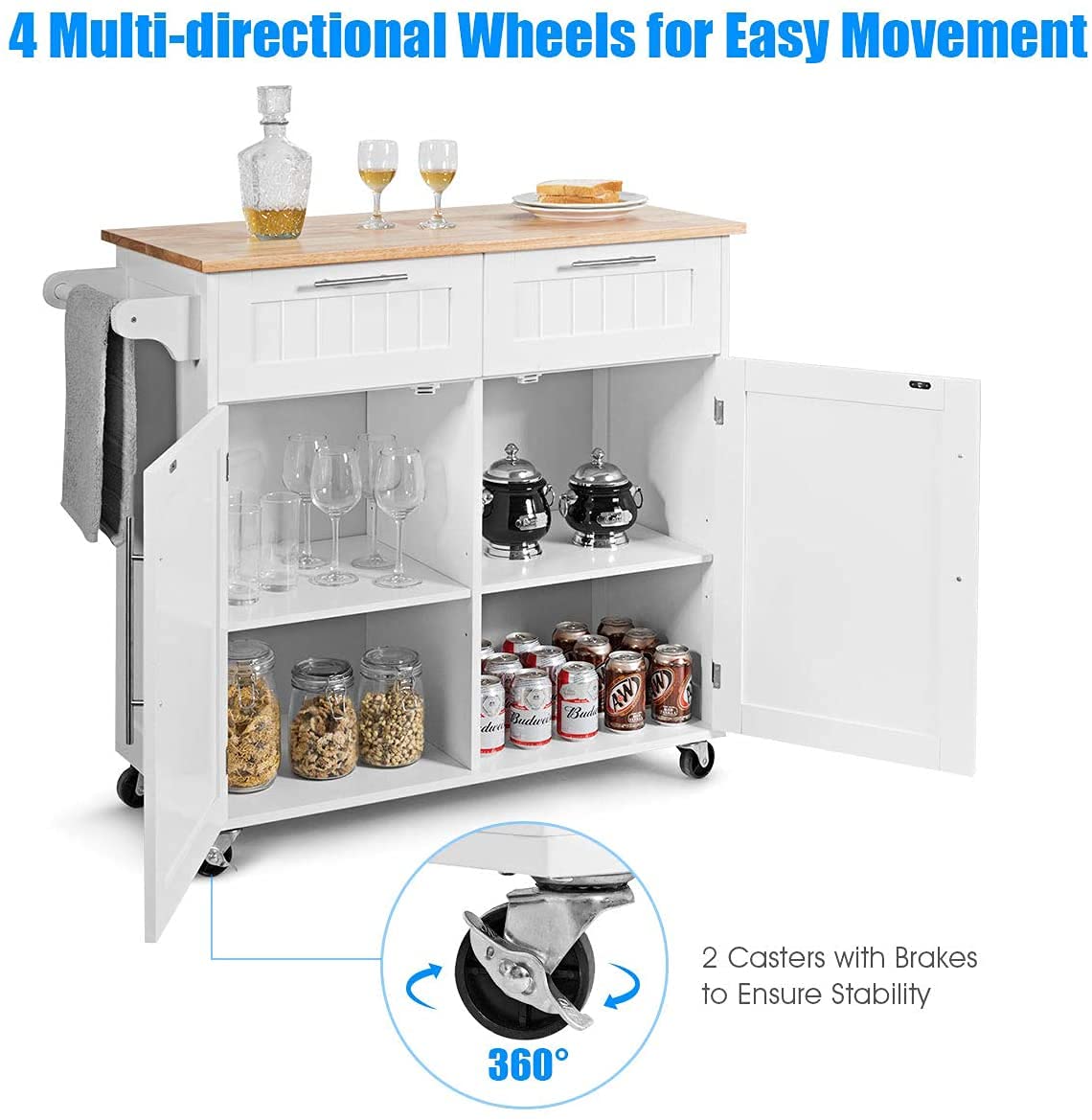 MAT Expert Kitchen Island Cart on Wheels - Rolling Storage Trolley with 2 Drawers, Large Cabinet & Wood Top - White Kitchen Utility Cart for Serving, Prep & Storage - Perfect for Small Kitchens, Dining Rooms & Mobile Cooking Stations