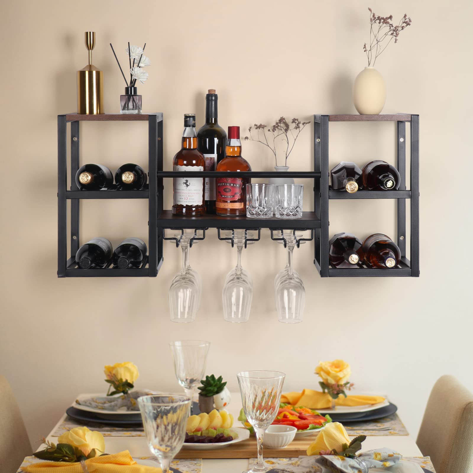 Wall Mounted Wine Rack with 3 Glass Holders - Floating Liquor Bottle Shelf for Home Bar, Kitchen & Dining Room - Perfect for Wine Storage & Stemware Display in Small Spaces