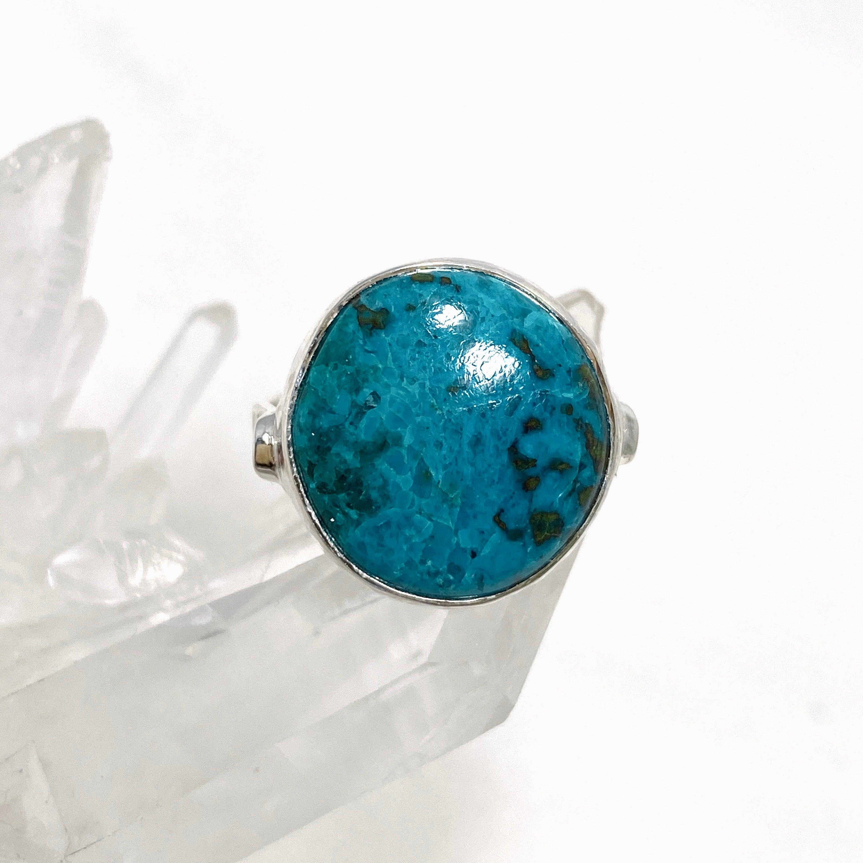 Chrysocolla Shattuckite Dioptase Round Ring - Size 9 Hammered Sterling Silver Band KRGJ3235 - Perfect for Boho Jewelry, Spiritual Healing & Unique Gift Giving