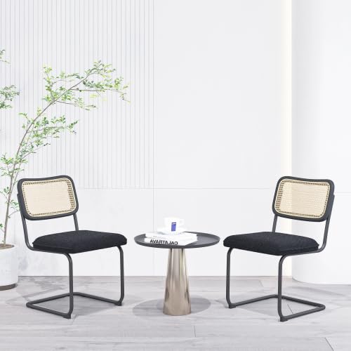 Premium Leather Dining Chair with High-Density Sponge Cushion - Rattan Backrest Modern Accent Chair for Dining Room, Living Room, Bedroom - Black - Perfect for Home Decor, Restaurant, Cafe & Office Settings