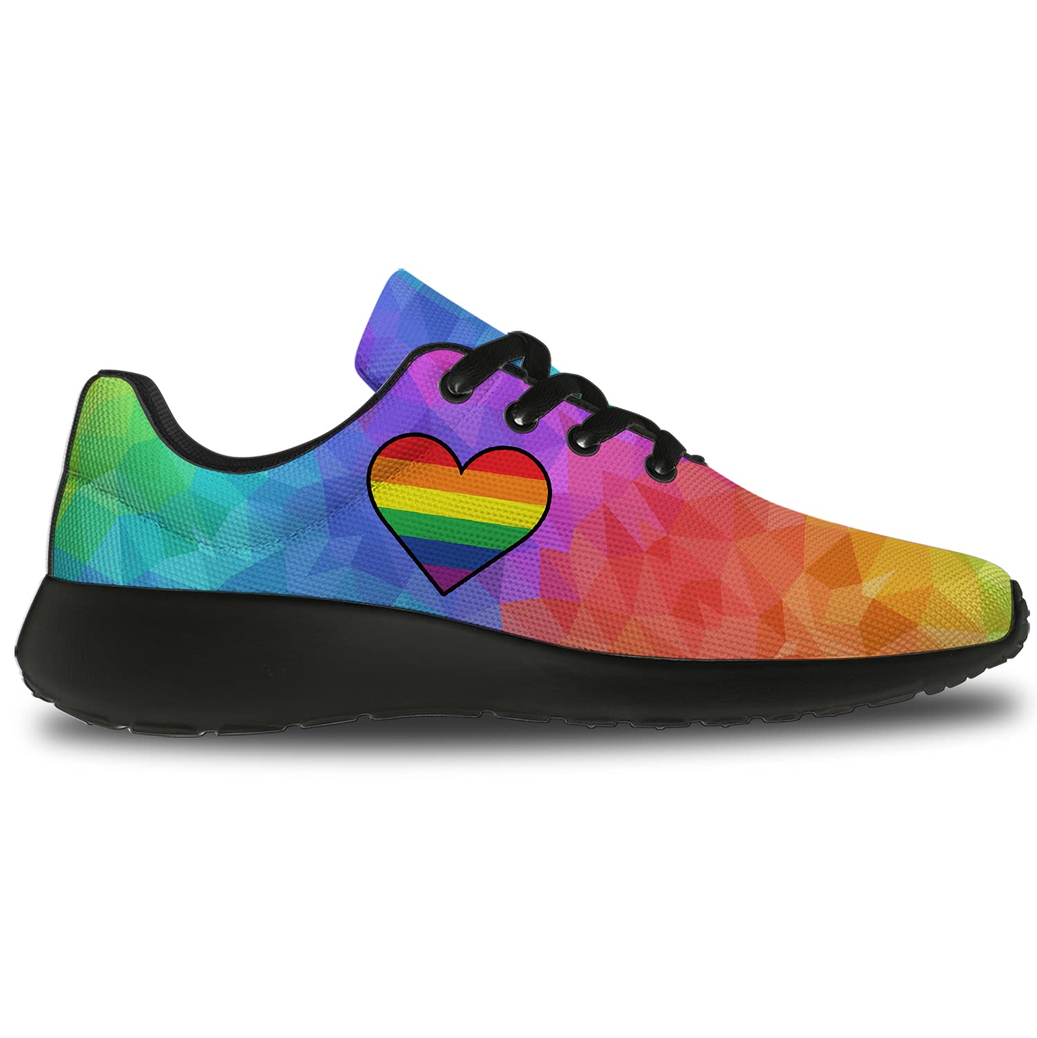 **Rainbow Heart LGBTQ+ Running Shoes for Men & Women - Comfortable Walking & Tennis Sneakers - Size 11 Men/13 Women - Black - Perfect Pride Gifts & Everyday Wear**    *(Use for jogging, gym workouts, casual walks, or showing LGBTQ+ pride at events and festivals.)*
