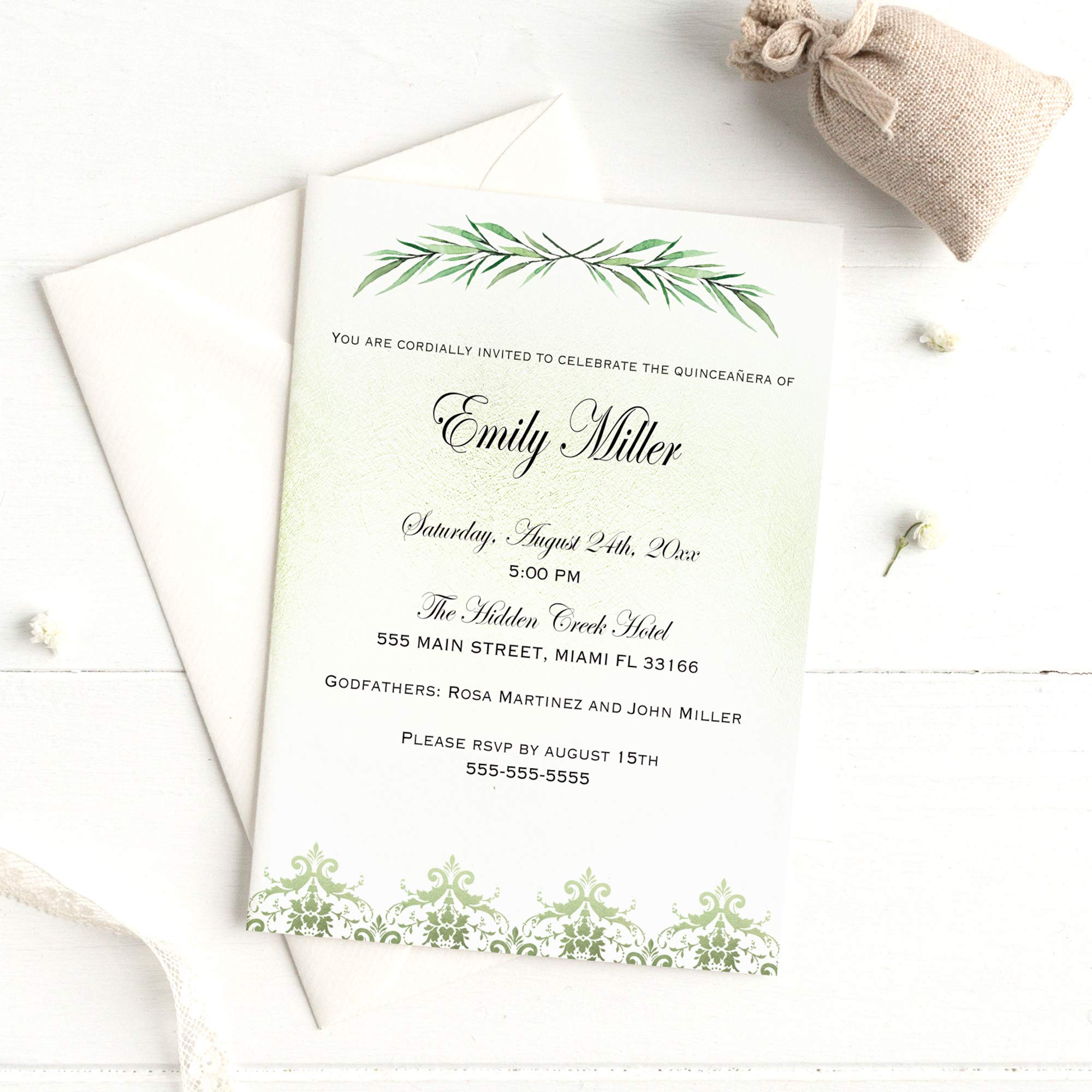 100 Personalized Quinceañera & Sweet 16 Invitation Cards with Greenery Design + Matching Envelopes | Perfect for Birthday Party, Coming of Age Celebration & Special Events