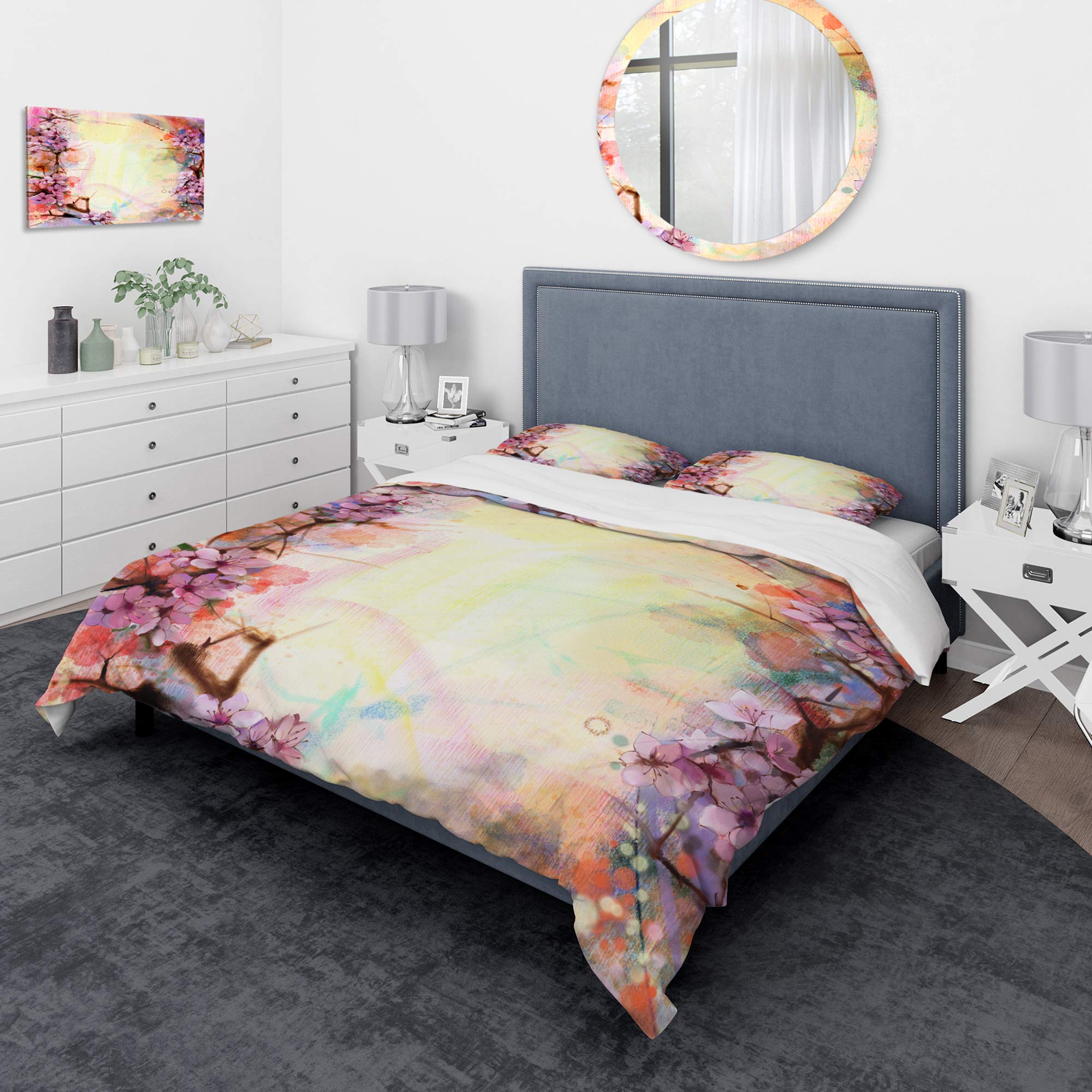 Pink Sakura Floral Duvet Cover Set King Size - 3 Piece Coastal Bedding with Blurred Nautical Design, All Season Soft Comforter Cover for Master Bedroom & Guest Room Decor