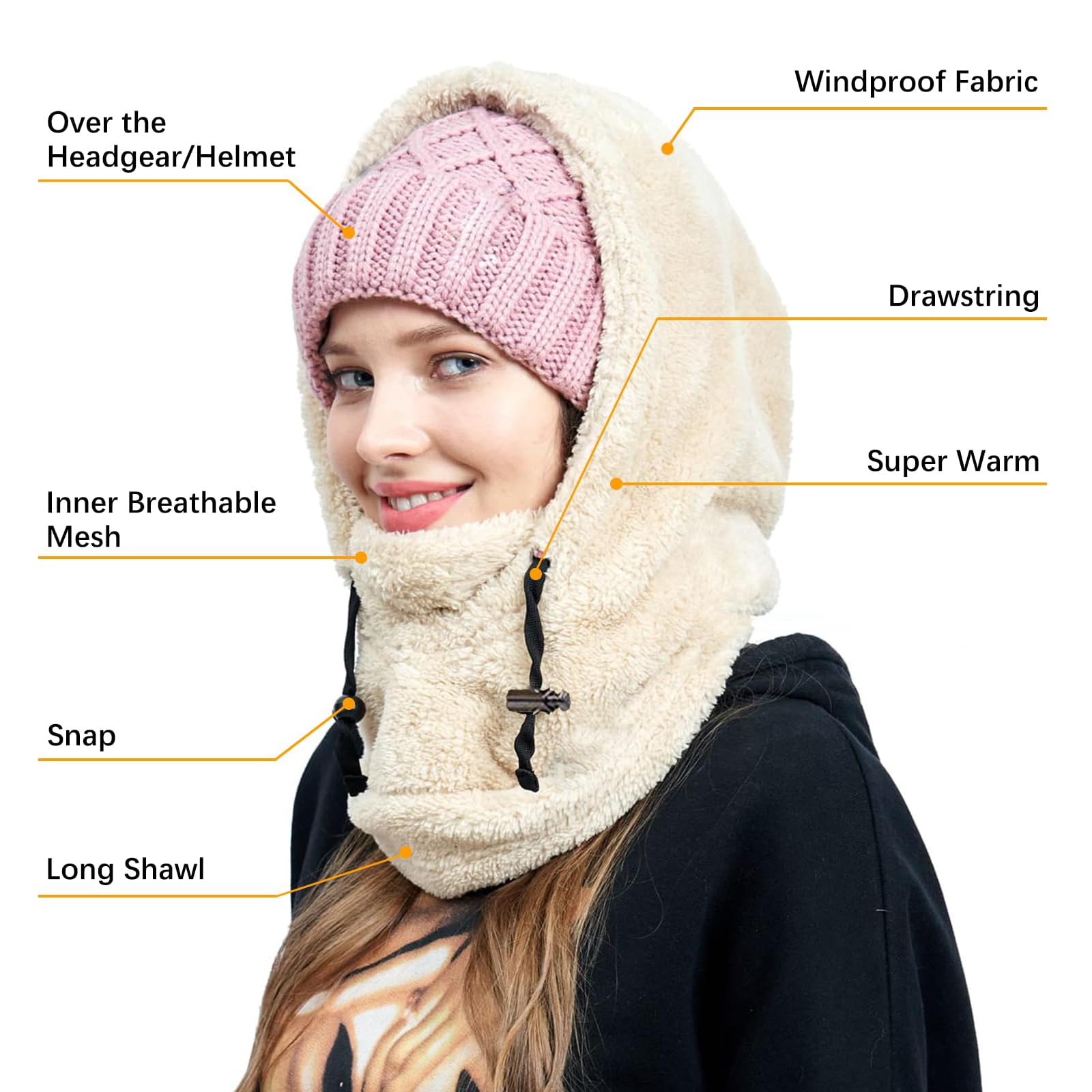 Sherpa Hood Ski Mask - Windproof Winter Balaclava for Cold Weather, Adjustable Over Helmet Ski Hood Hat & Scarf - Perfect for Skiing, Snowboarding & Outdoor Winter Activities