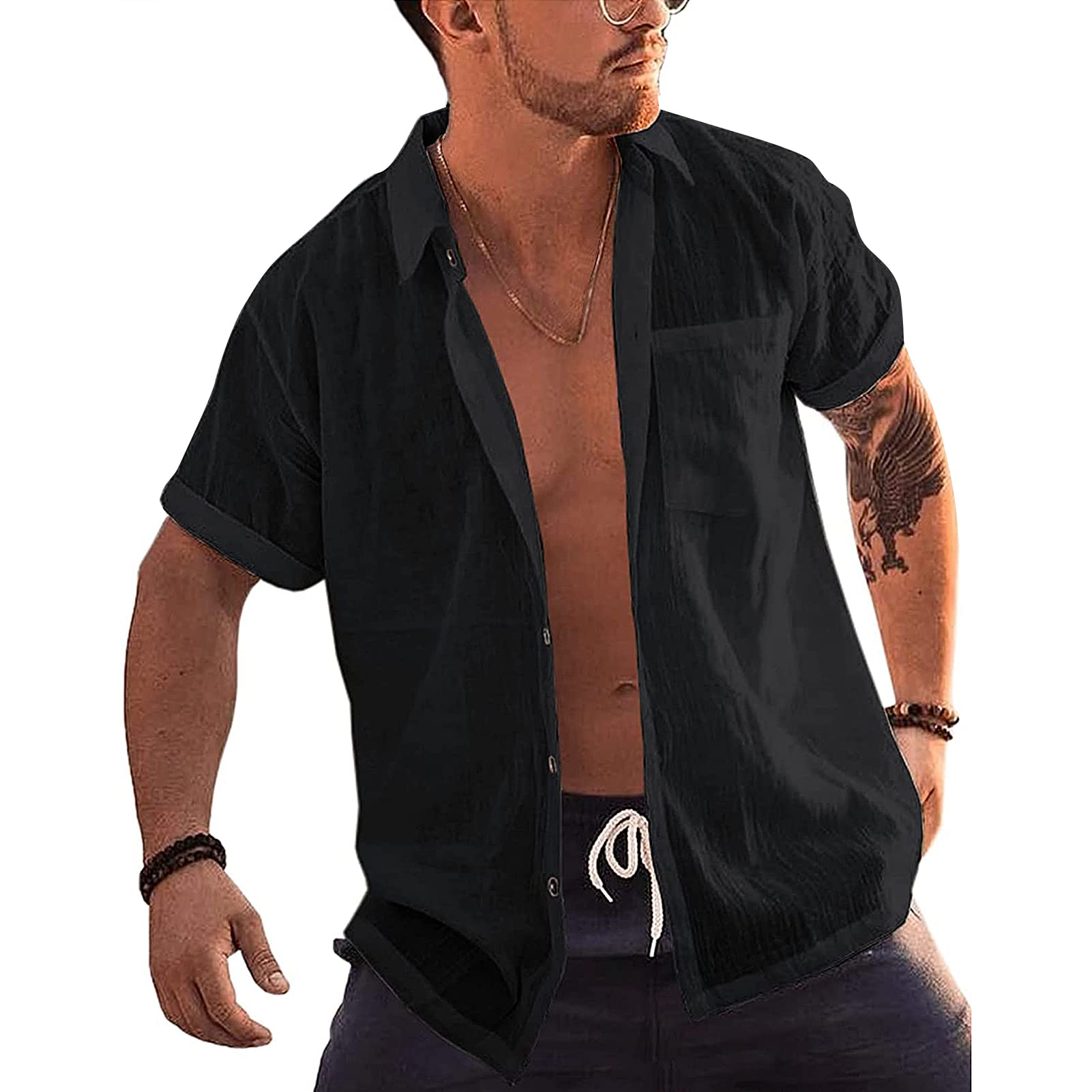 Men's Linen Shirt Casual Button Down Hawaiian Shirt for Summer - Breathable Loose Fit Grandad Style Shirt for Beach Vacation, Outdoor Activities & Casual Wear