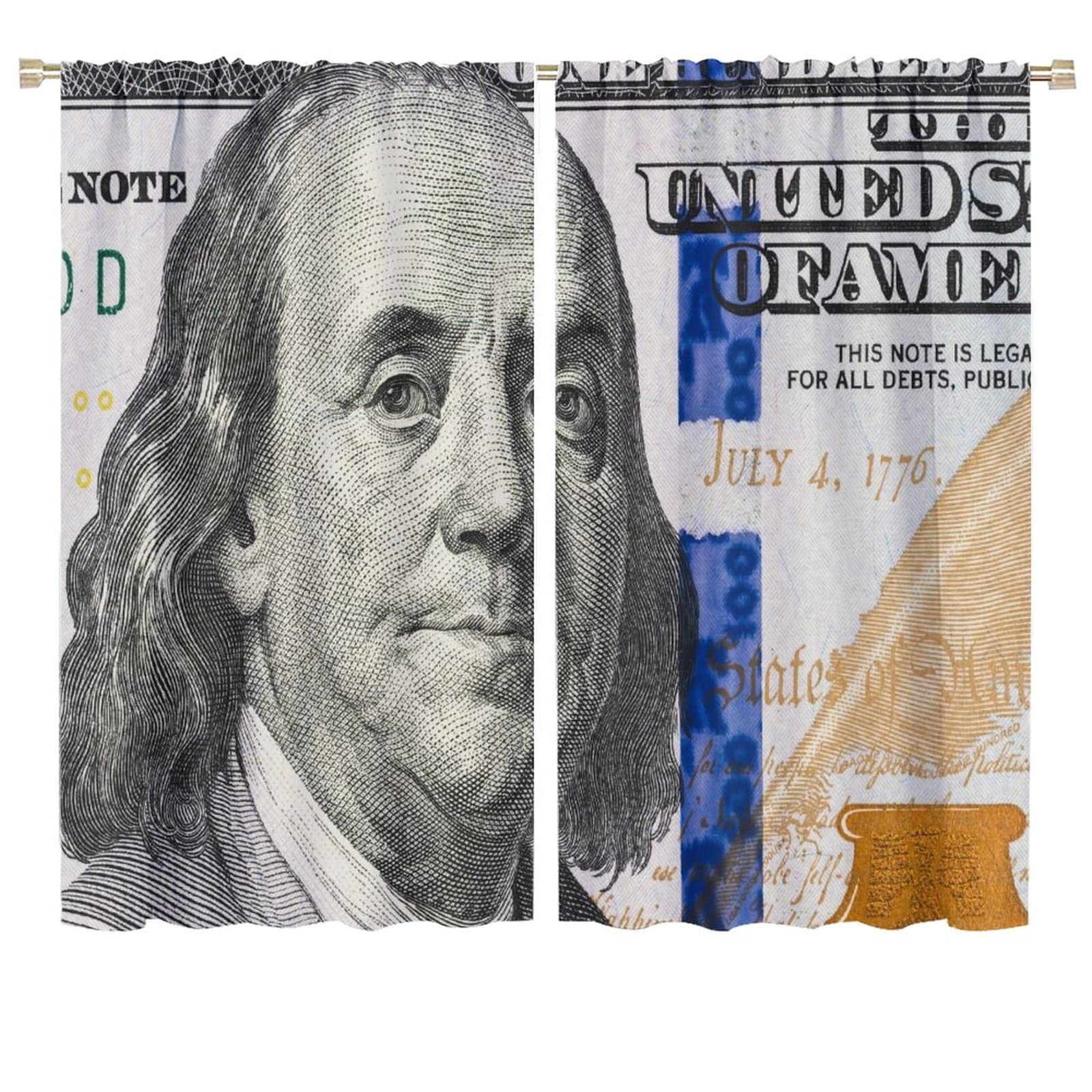 Funny Money Kitchen Curtains - Vintage US 100 Dollar Bill Design Window Drapes in Grey Green - 72x63 Inch Room Decor for Home, Cafe or Man Cave - Perfect for American Currency Themed Decorations