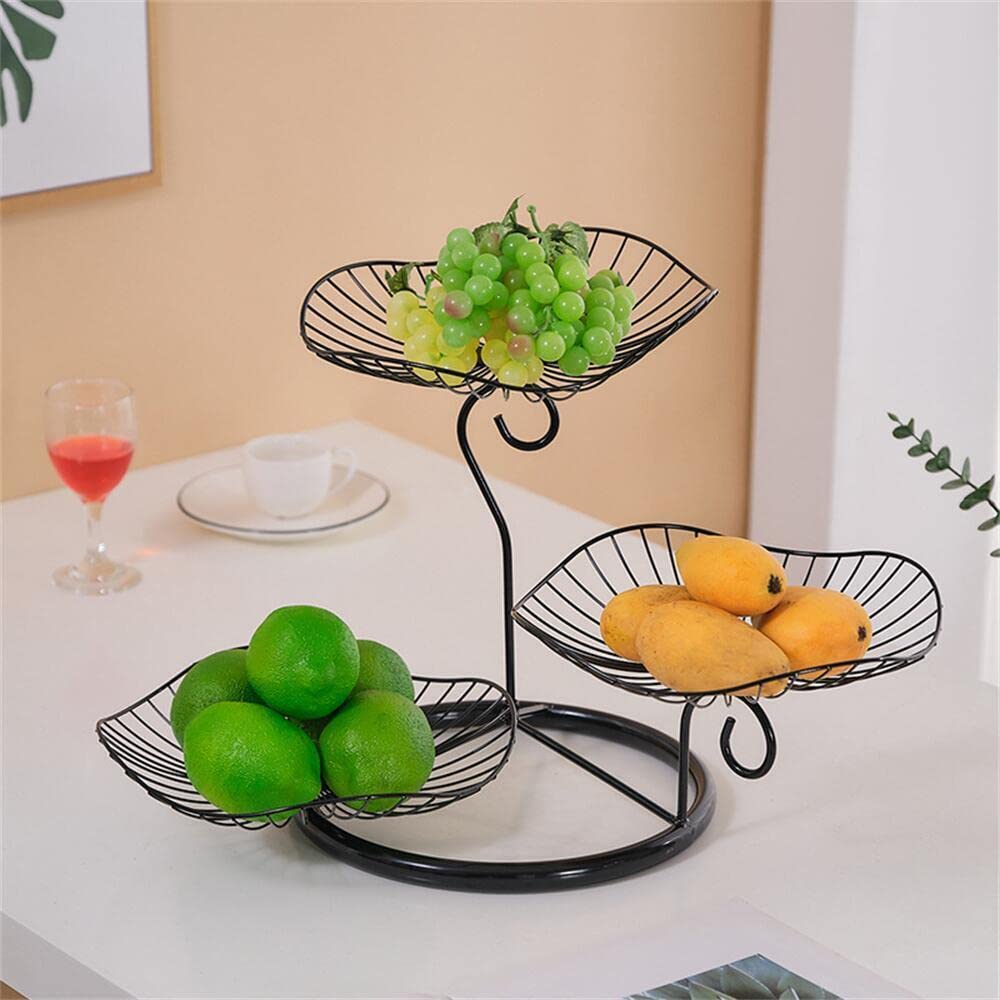 WANLIAN 3 Tier Fruit Basket Stand - Modern Decorative Iron Fruit Tray for Kitchen Counter & Dining Table - Multilayer Organizer for Apples, Bananas, Oranges - Perfect for Living Room, Office, or Party Display (Black)