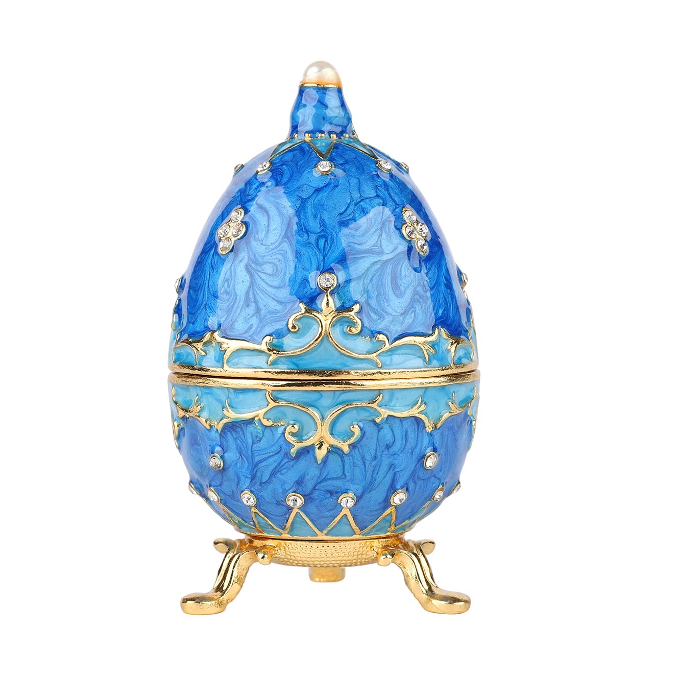QIFU Hand Painted Blue Faberge Egg Enamel Trinket Box with Hinged Lid - Unique Collectible Gift for Family, Home Decor & Easter Celebration