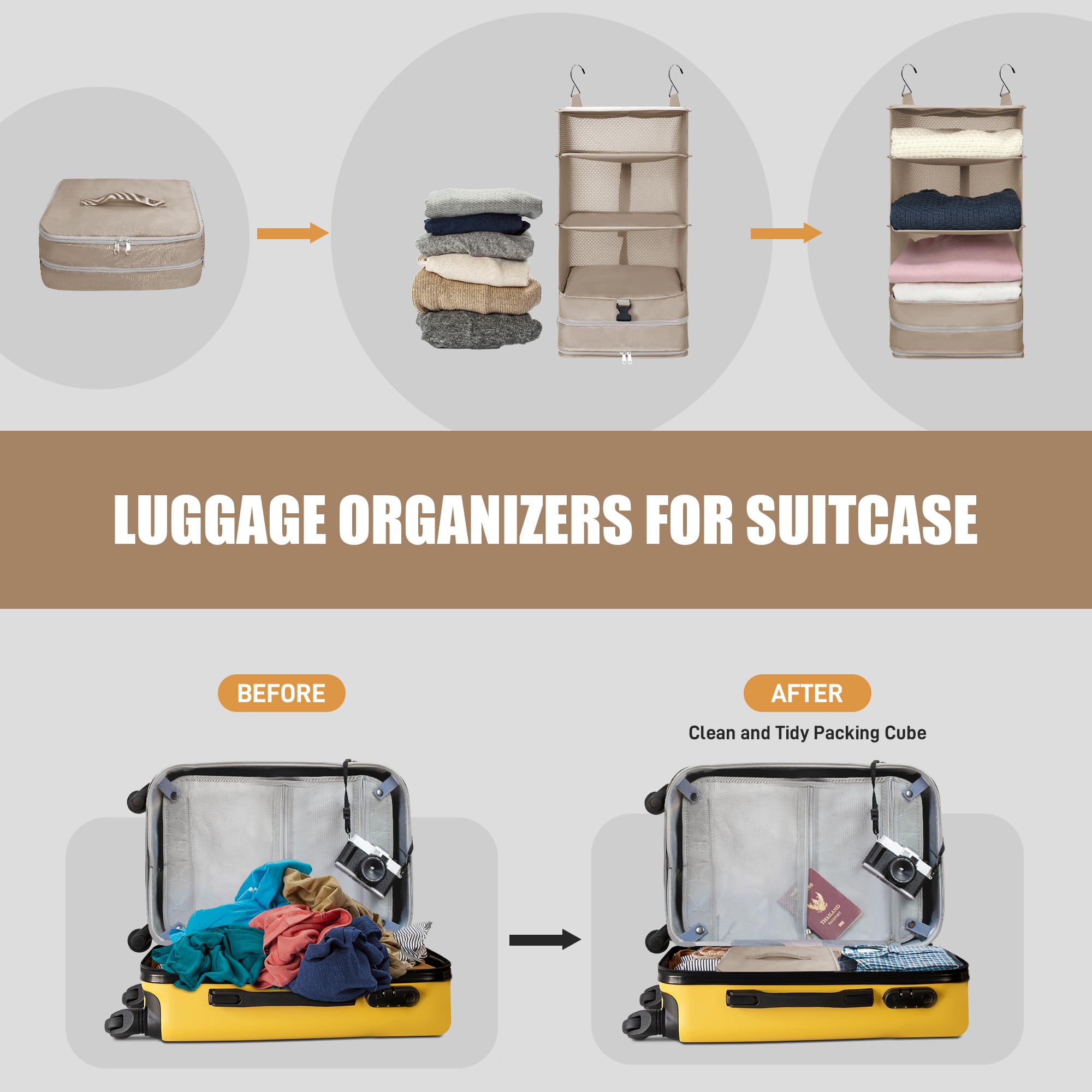 Twira Portable Hanging Travel Shelves Organizer - Large Capacity Collapsible 4-Shelf Suitcase Organizer with 2 Hooks for Luggage (Beige) | Perfect for Carry-On Closet, Business Trips & Vacation Packing