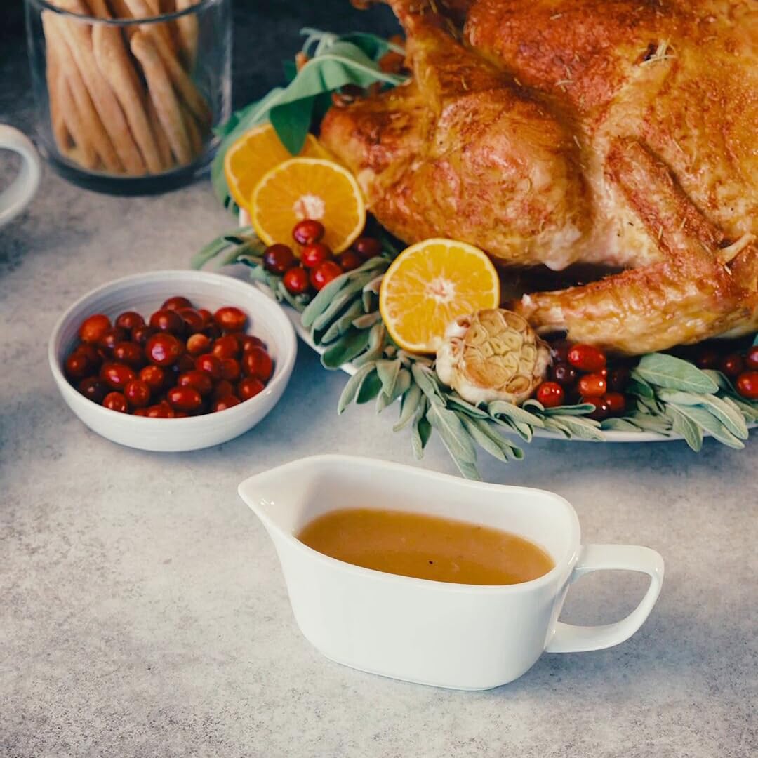 Premium White Ceramic Gravy Boat - 14 oz Sauce & Dressing Server with Large Handle - Microwave & Dishwasher Safe - Perfect for Thanksgiving Dinner, Holiday Meals & Elegant Table Settings
