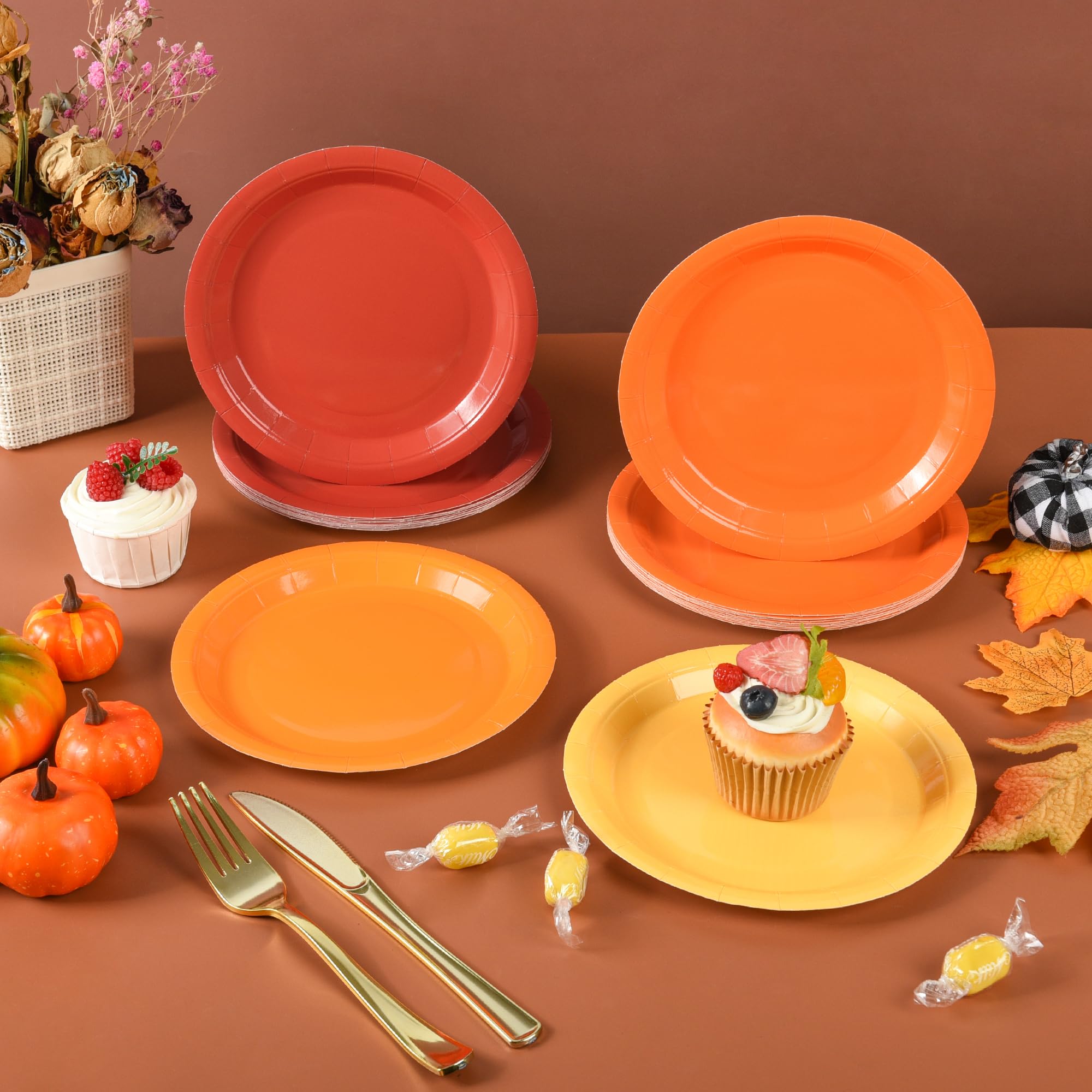 Orange Disposable Paper Plates 7 Inch - Solid Fall Pumpkin Color Round Dinner & Dessert Plates for Thanksgiving, Autumn Harvest Party, Halloween - 48 Pack (Eco-Friendly, Ideal for Outdoor Events & Picnics)
