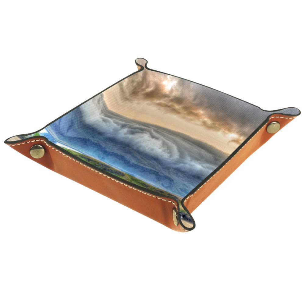 AISSO Leather Valet Tray with Iceland Dawn Sunrise Print - Jewelry Organizer Box for Watches, Keys, Wallets & Phones | Stylish Desktop Storage for Office & Home Decor