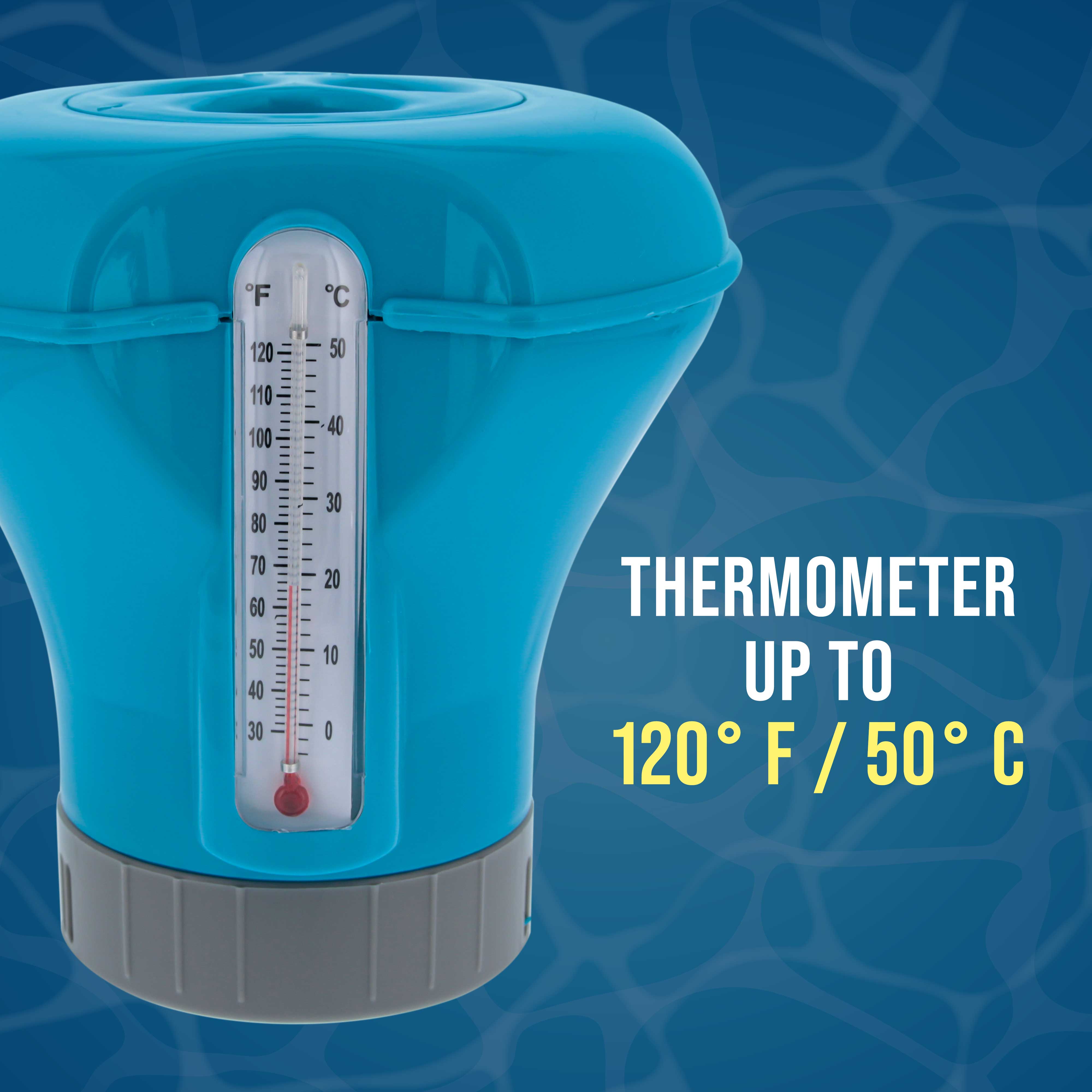 Pool Chlorine Floater Dispenser with Thermometer - 8 Inch Diameter Floating Chlorinator for Swimming Pools - Large Capacity Holds 3 Chlorine Tablets - Adjustable Ring for Balanced Chemical Delivery - Perfect for Inground & Above Ground Pools