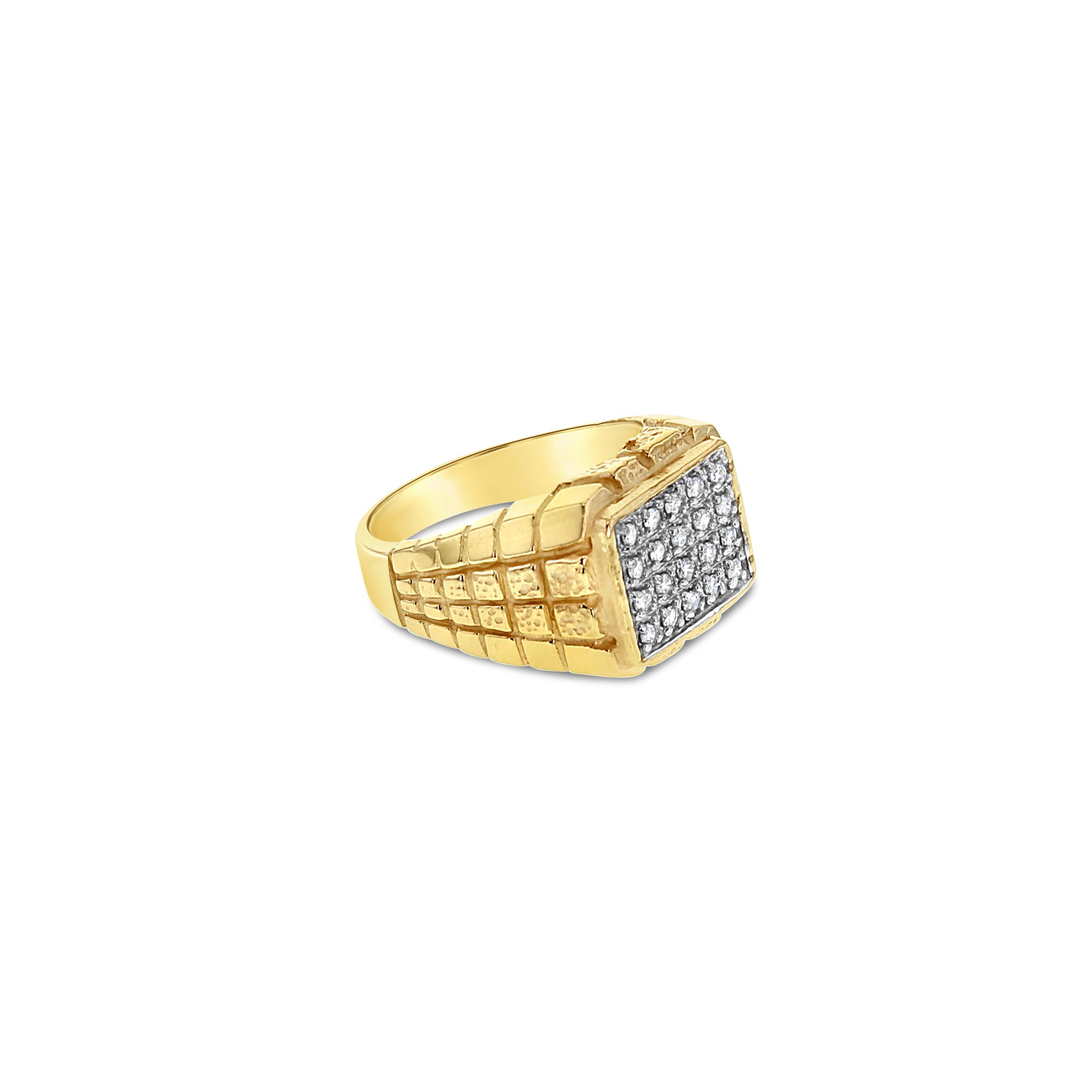 1.00cttw Diamond Cluster Ring with Brick Patterned Band in 14k Yellow Gold | Elegant Wedding, Engagement & Anniversary Jewelry Gift for Women