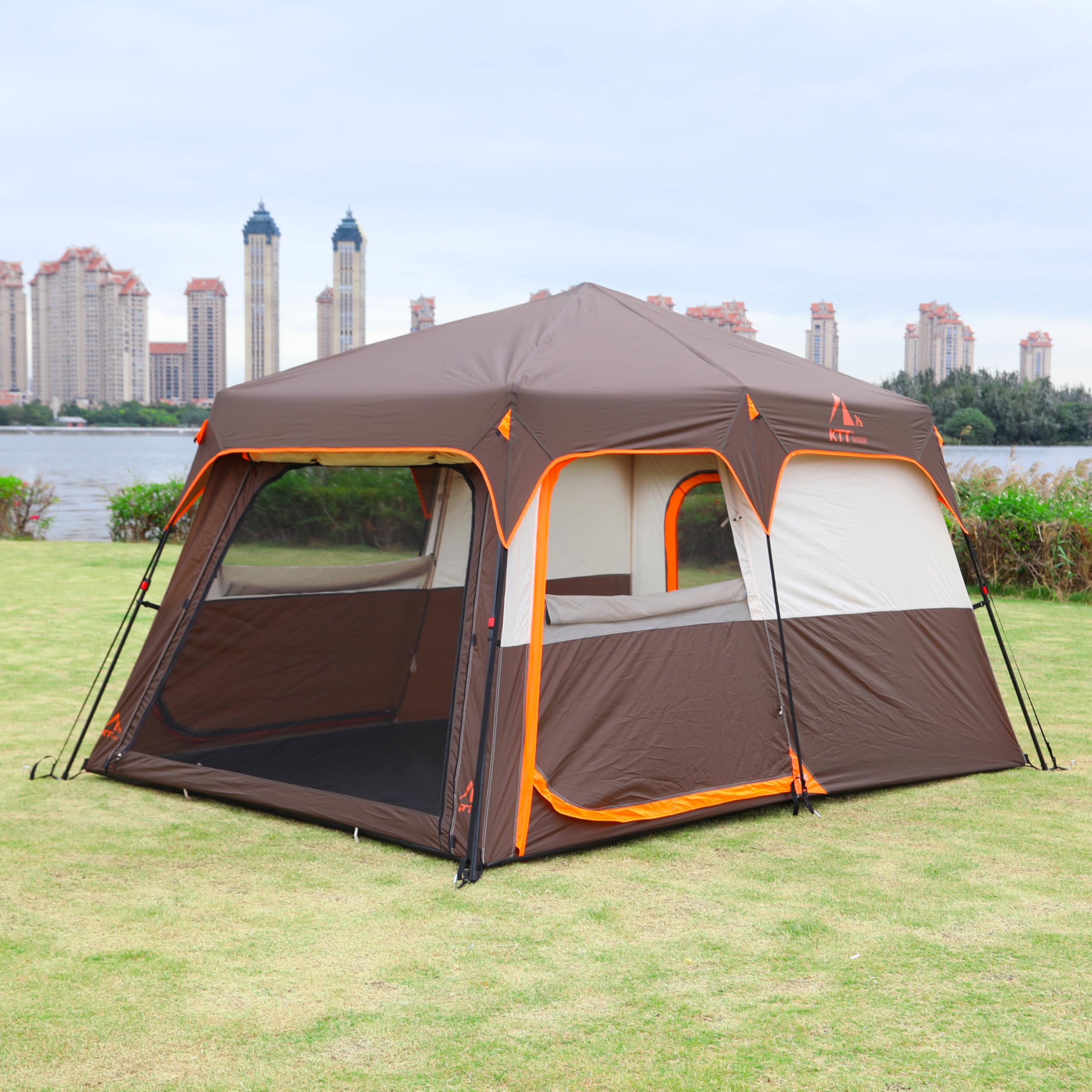 KTT Large 6-8 Person Family Cabin Tent with Straight Wall Design - 3 Doors & 3 Mesh Windows, Waterproof Outdoor Camping Tent for Picnics, Family Gatherings, and Backpacking Adventures | Perfect for Campgrounds, Beach Trips, and Backyard Campouts