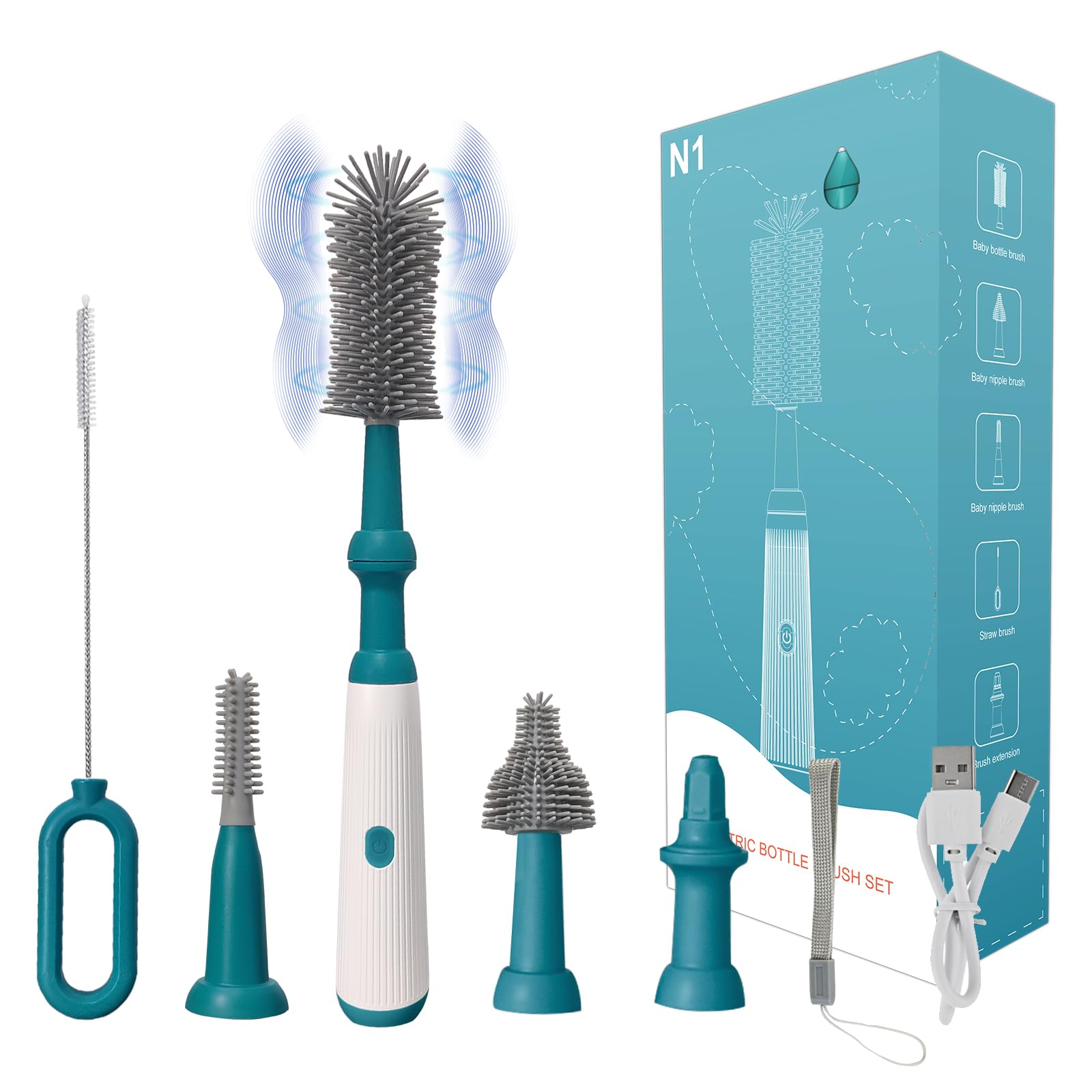 Electric Bottle Brush Set with 3 Replaceable Heads & Extension Handle - Waterproof Silicone Baby Bottle Cleaner for Newborn Essentials (Dark Green) | Perfect for Baby Bottles, Sippy Cups & Breast Pump Parts