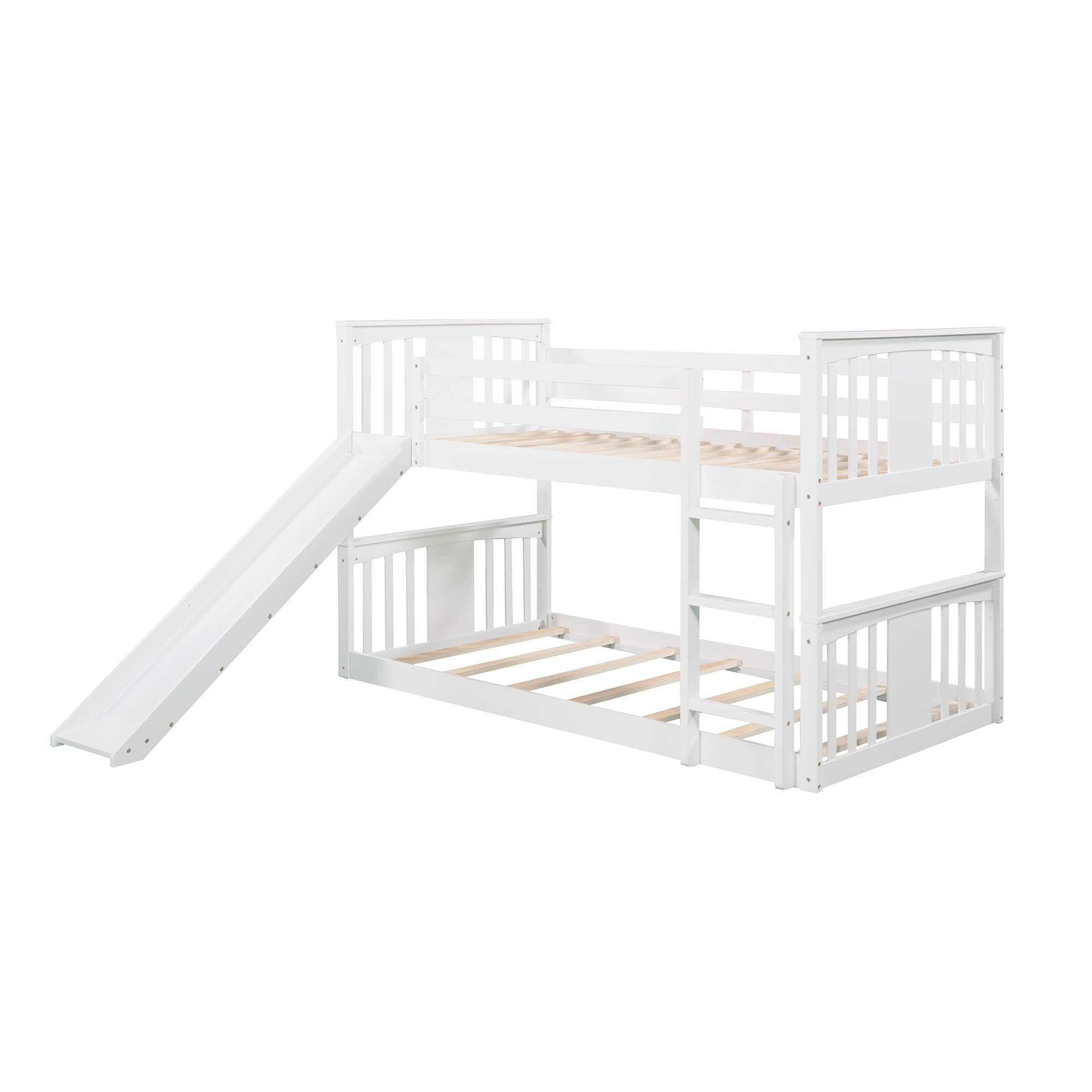 **Twin Over Twin Kids Bunk Bed with Slide & Ladder - Wooden Low Bunk Bed for Children (White) - Perfect for Small Bedrooms, Playrooms & Sleepovers**