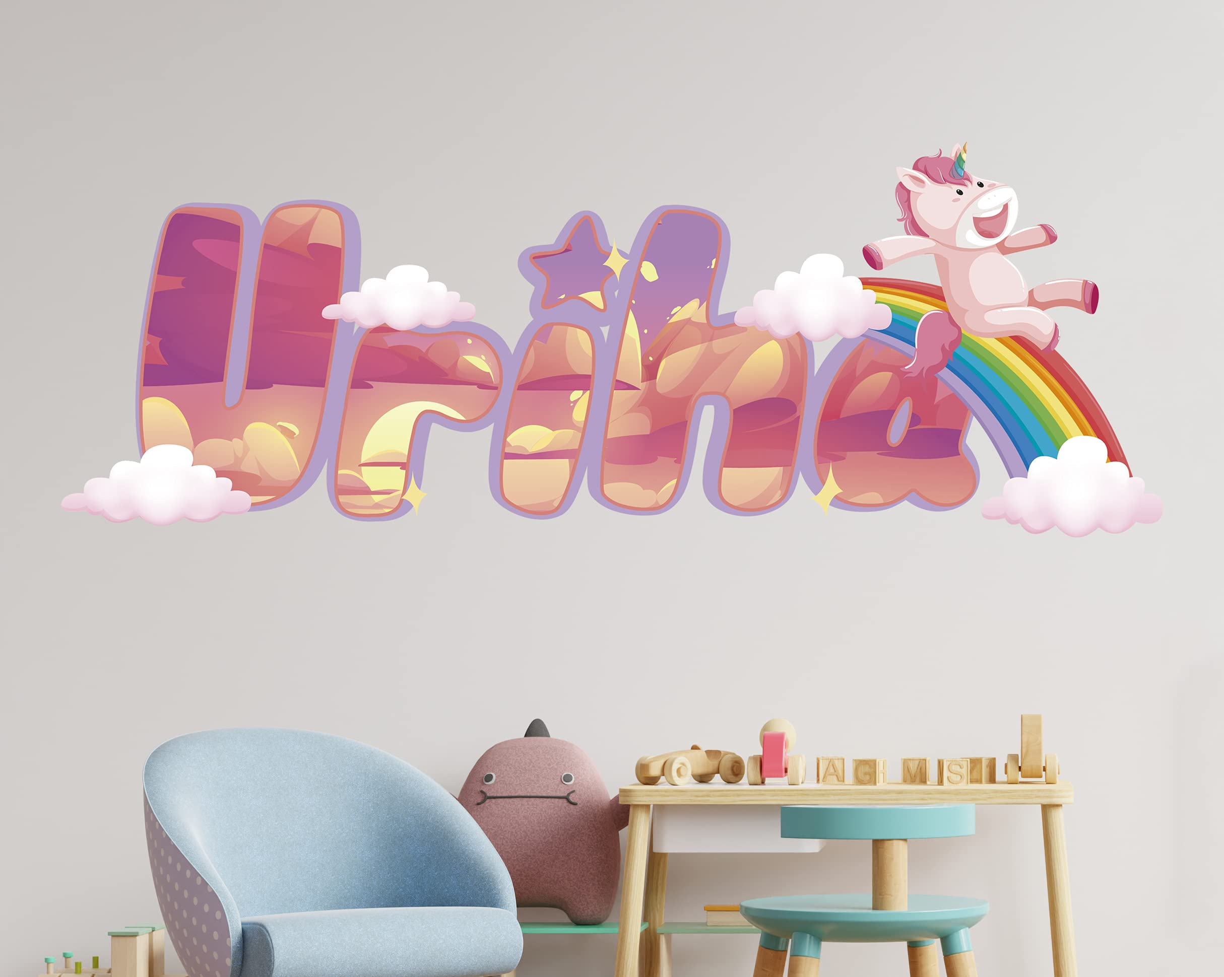 Rainbow Unicorn Wall Decal with Custom Name - 3D Printed Nursery Wall Sticker, Home Decor for Kids Bedroom, Large 44
