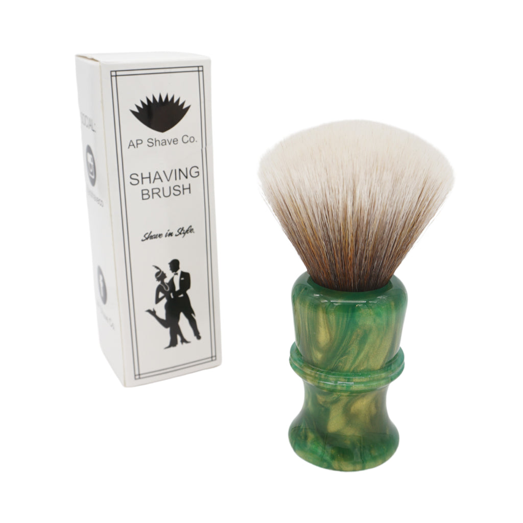 AP Shave Co. 26mm SynBad Fan Synthetic Shaving Brush - Premium Golden Emerald Green Handle for Men's Wet Shaving & Grooming | Perfect for Travel, Daily Use & Luxury Shave Kits