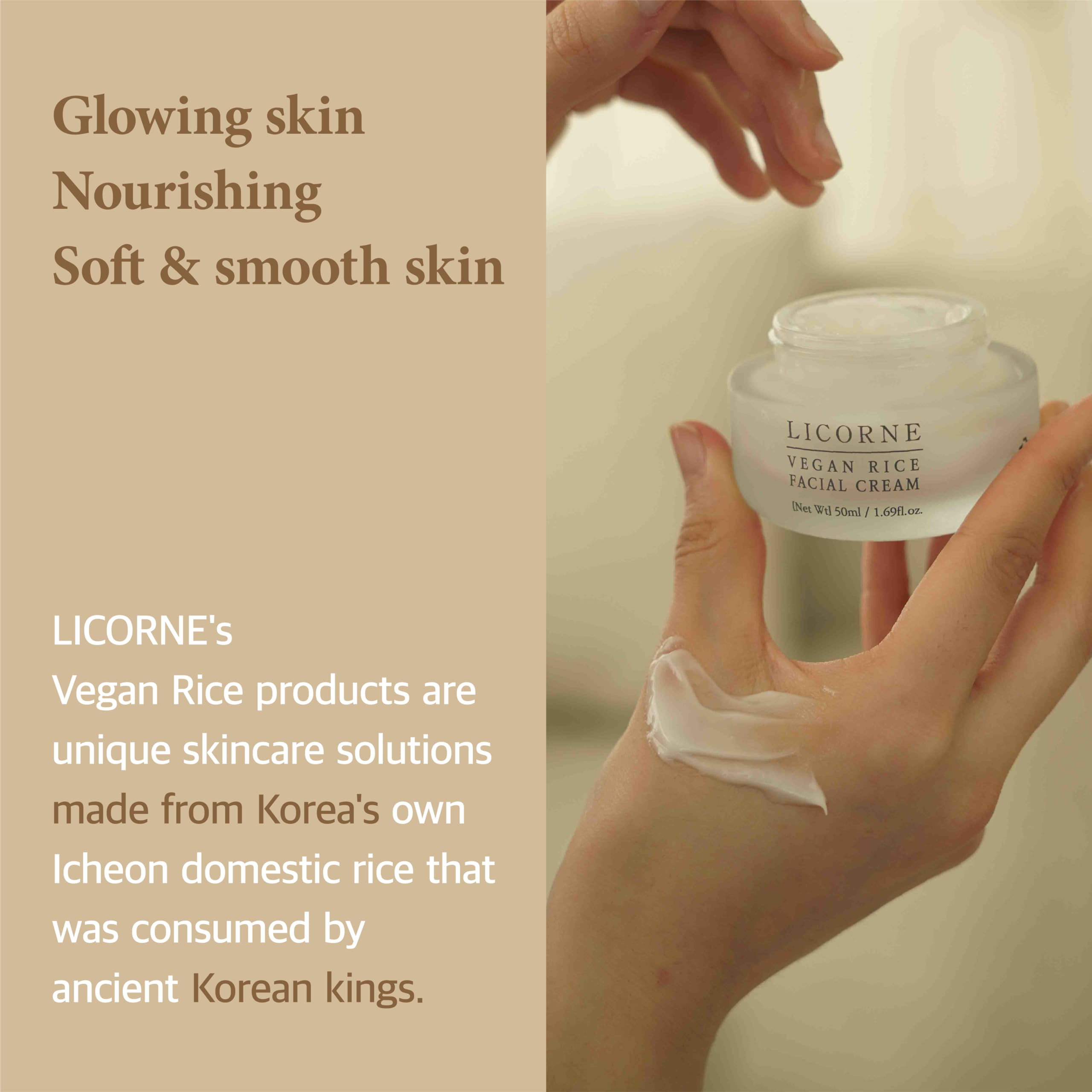 LICORNE Vegan Rice Facial Cream 1.69 fl.oz - Korean Skincare for Dry & Sensitive Skin - Hydrating Moisturizer for Day & Night Use