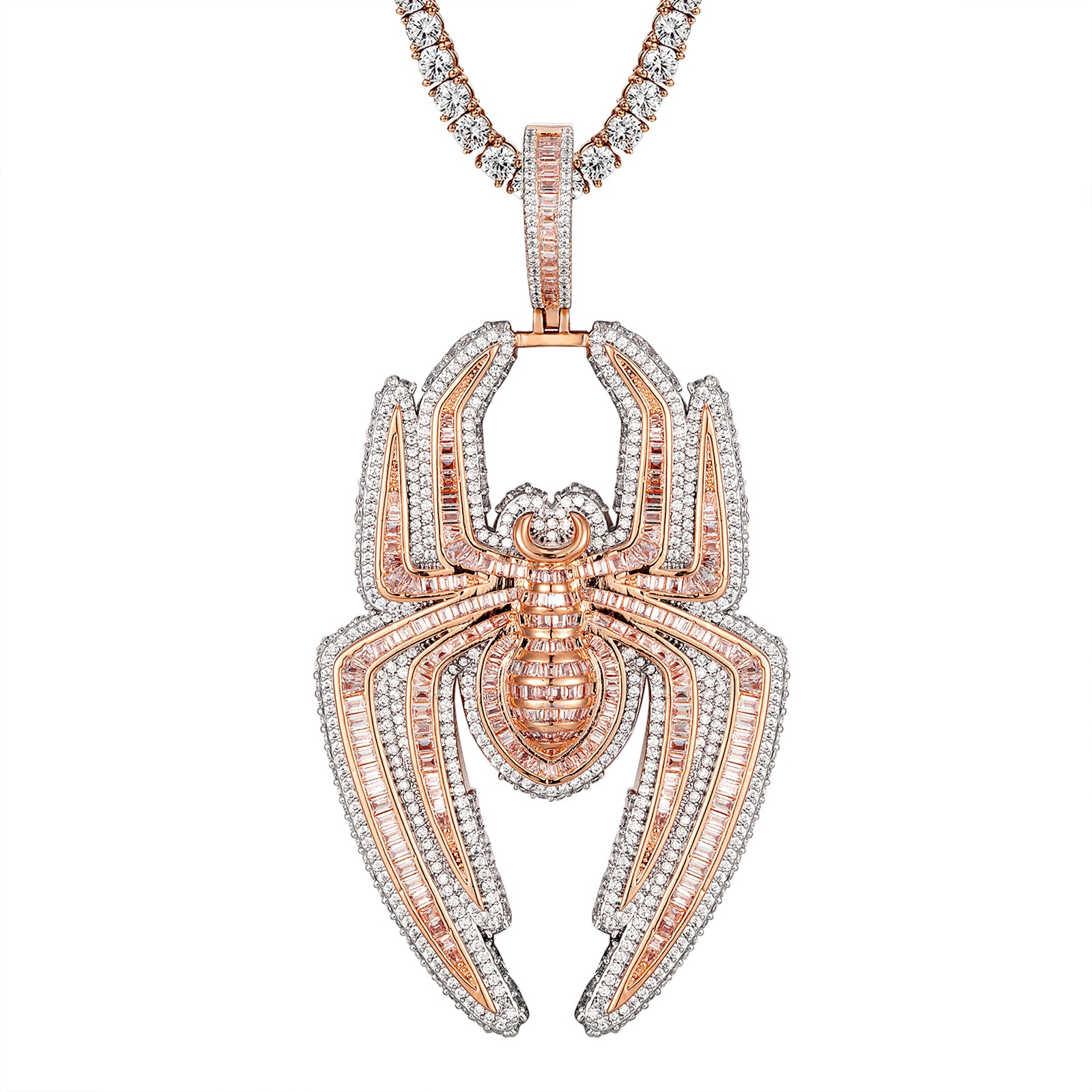 Elegant Rose Gold Tone 3D Baguette Iced Spider Sterling Silver Pendant Necklace - Perfect for Halloween, Gothic Fashion & Jewelry Gifts