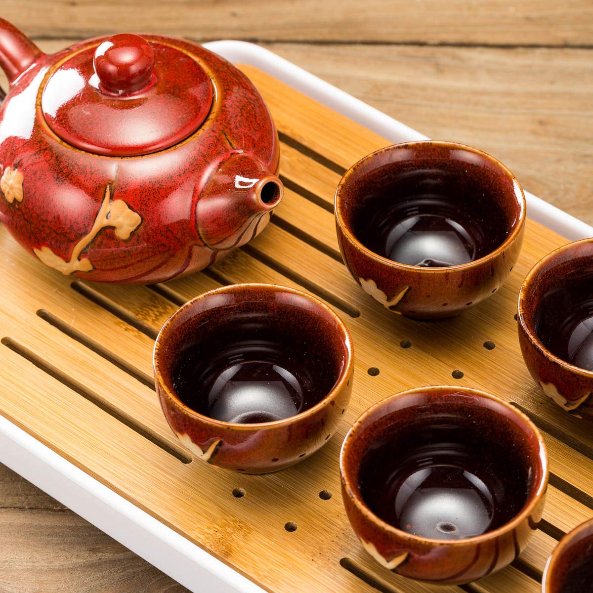 Premium Handmade Chinese & Japanese Ceramic Tea Set - Traditional Tea Ceremony Kit with Teapot, 6 Teacups & Bamboo Tray (Red) - Perfect for Home Tea Parties, Zen Meditation & Cultural Gift Giving