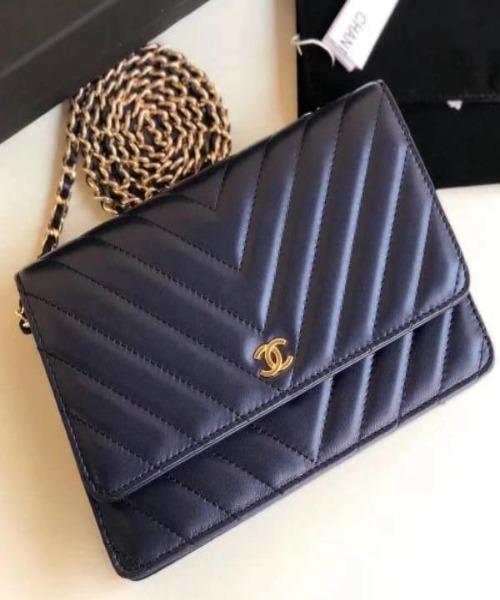 Chanel Wallet On Chain WOC Chevron Lambskin Dark Blue Silver Toned - Luxury Crossbody Bag for Women, Perfect for Evening Events & Daily Use