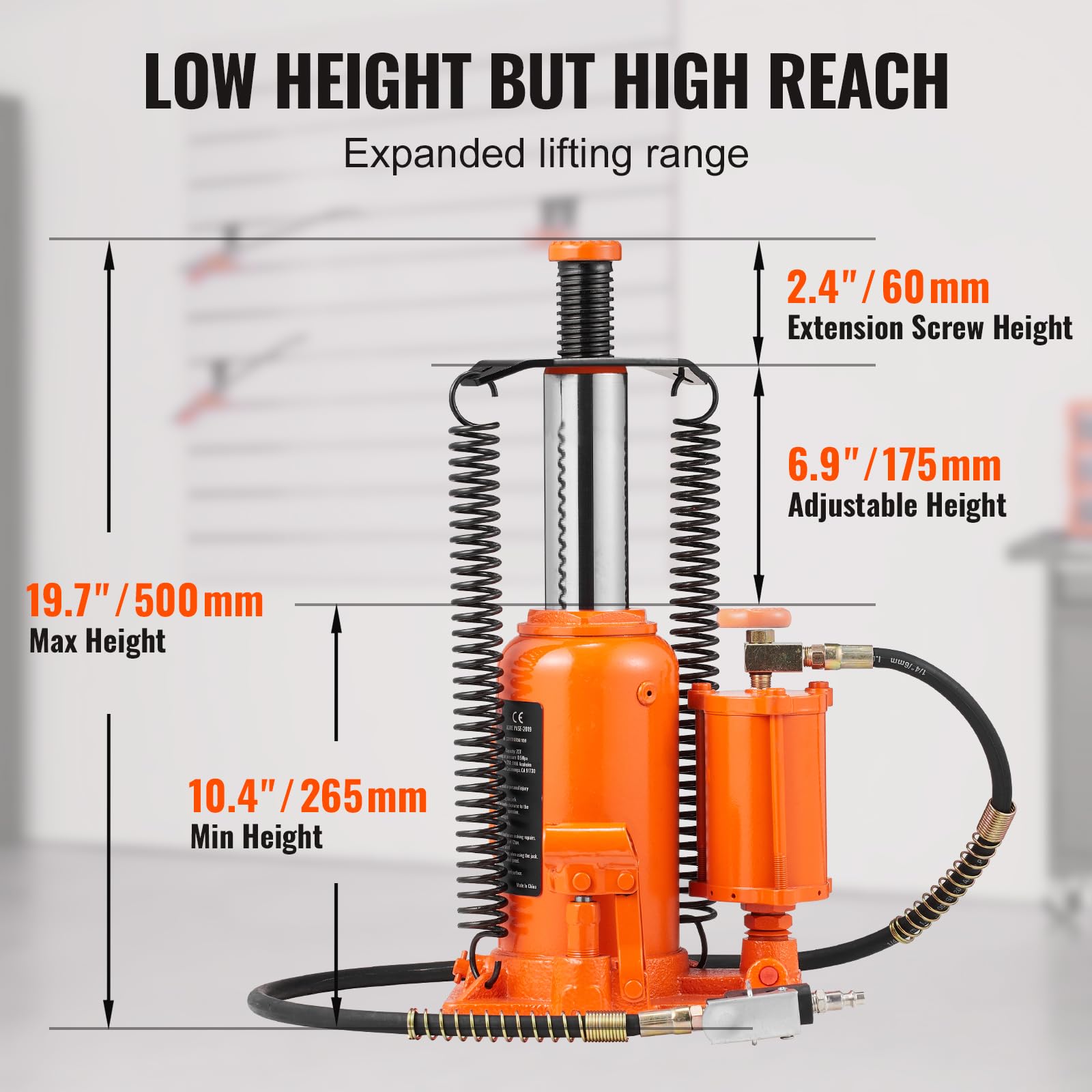 VEVOR 20 Ton Air Hydraulic Bottle Jack - 44,029 LBS Capacity, 10.4-19.7 Inch Lift Range, Heavy Duty Welded Construction with Manual Handle & Air Pump - Perfect for Car, Truck, RV Repair & Industrial Engineering (Workshop, Garage, Construction Site)