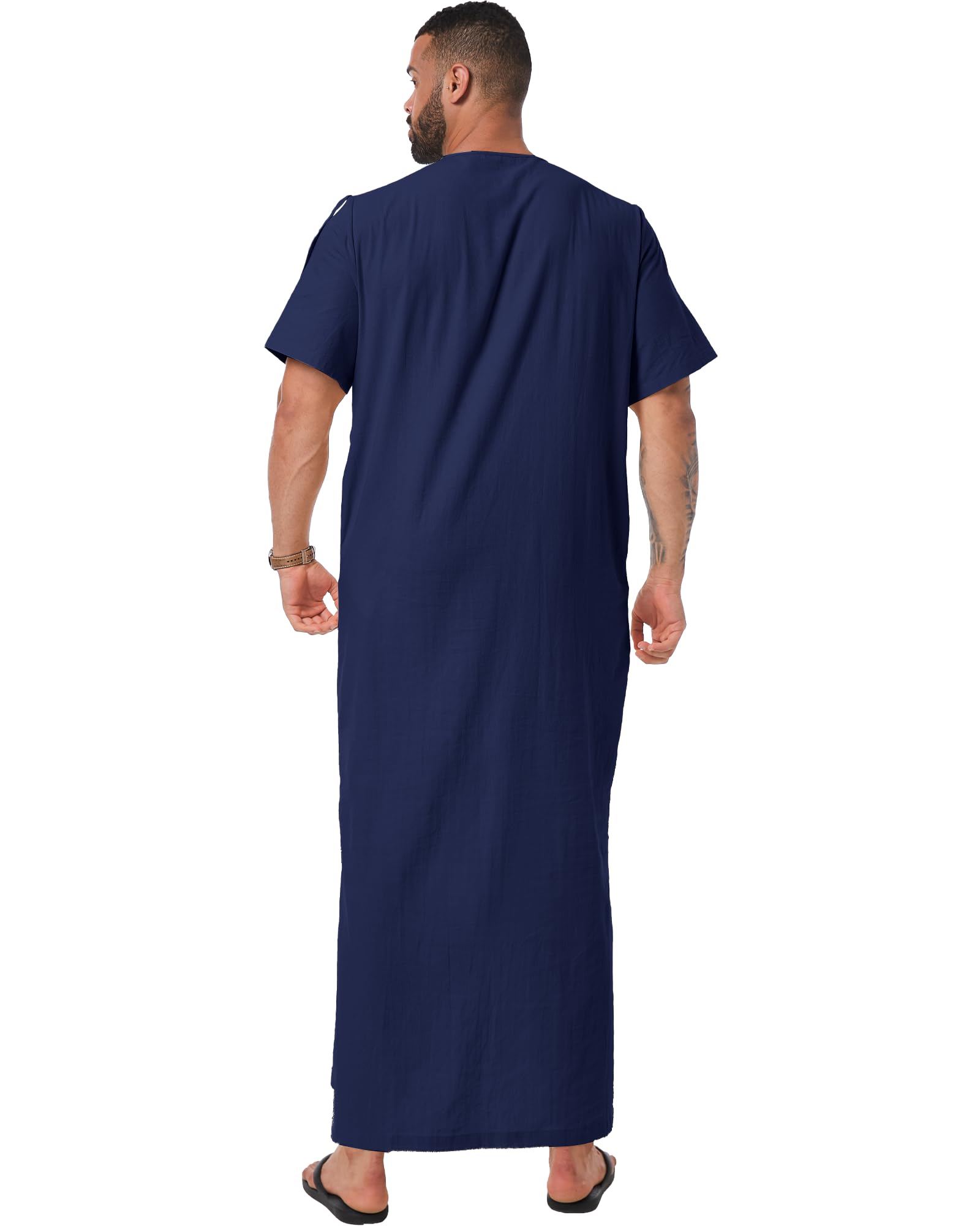 YAOHUOLE Men's Islamic Thobe - Short Sleeve Arabic Robe with Pocket - Comfortable Muslim Prayer Dress for Mosque & Daily Wear