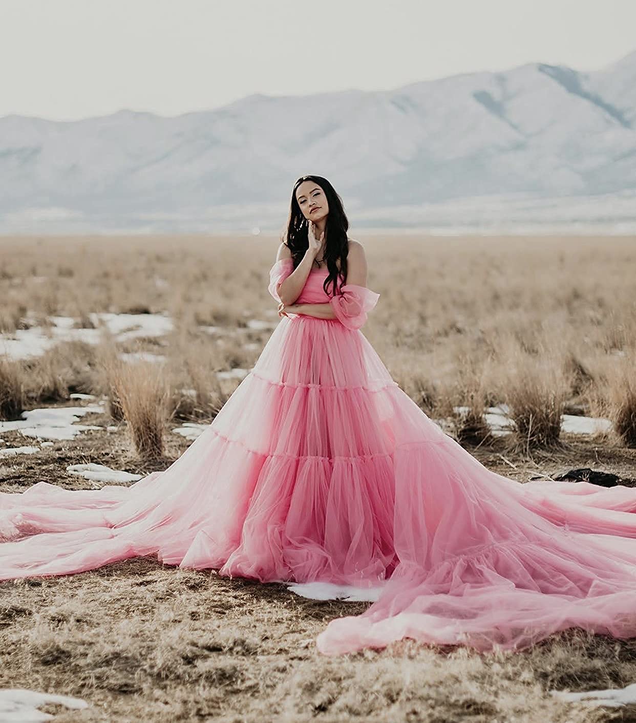 Elegant Tulle Maternity Gown for Photoshoot - Flowy Strapless Wedding Dress with Court Train, Lace Up Back & Ruffled Top - Perfect for Maternity Photography, Bridal Showers and Special Occasions